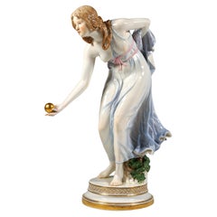 Meissen Art Nouveau Figurine, Young Lady Ball Player by Walter Schott, ca 1900