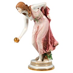 Antique Meissen Art Nouveau Figurine, Young Lady Ball Player by Walter Schott, ca 1900