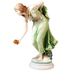 Meissen Art Nouveau Figurine, Young Lady Ball Player by Walter Schott, ca 1900