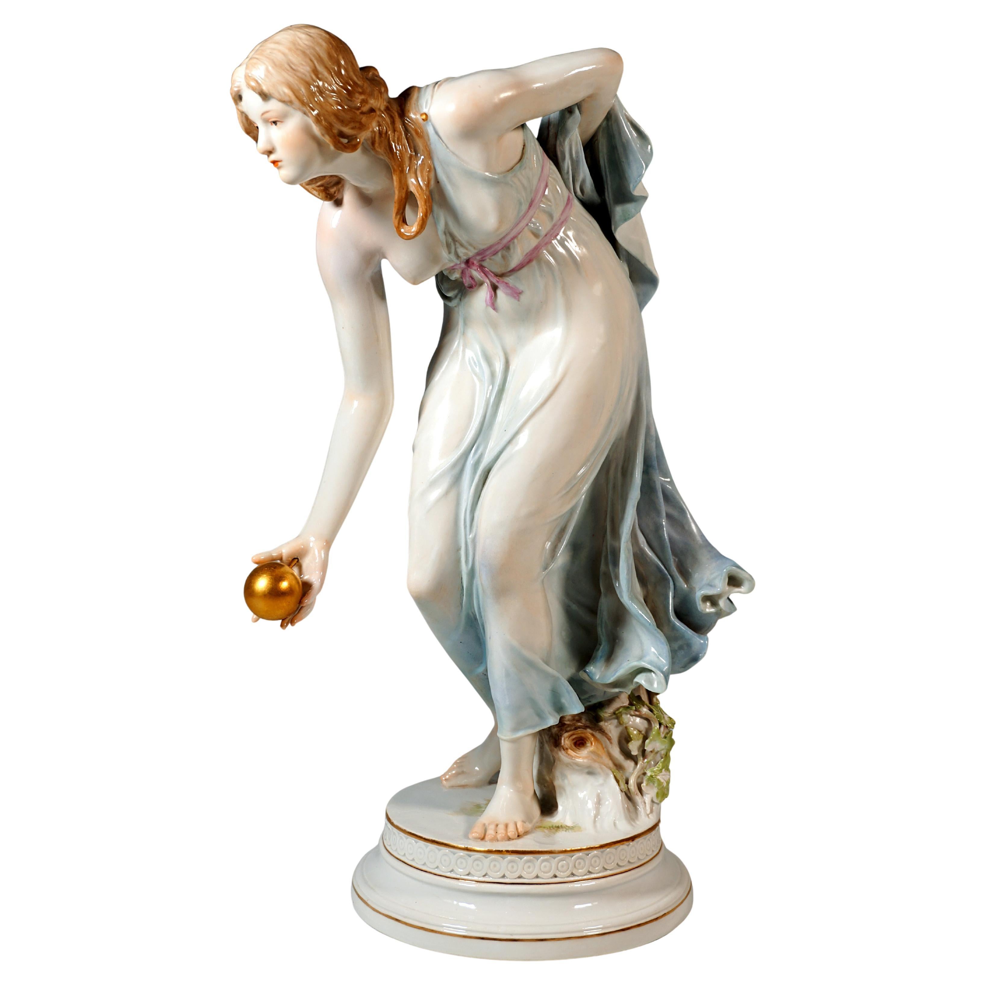 Meissen Art Nouveau Figurine, Young Lady Ball Player by Walter Schott, ca 1900