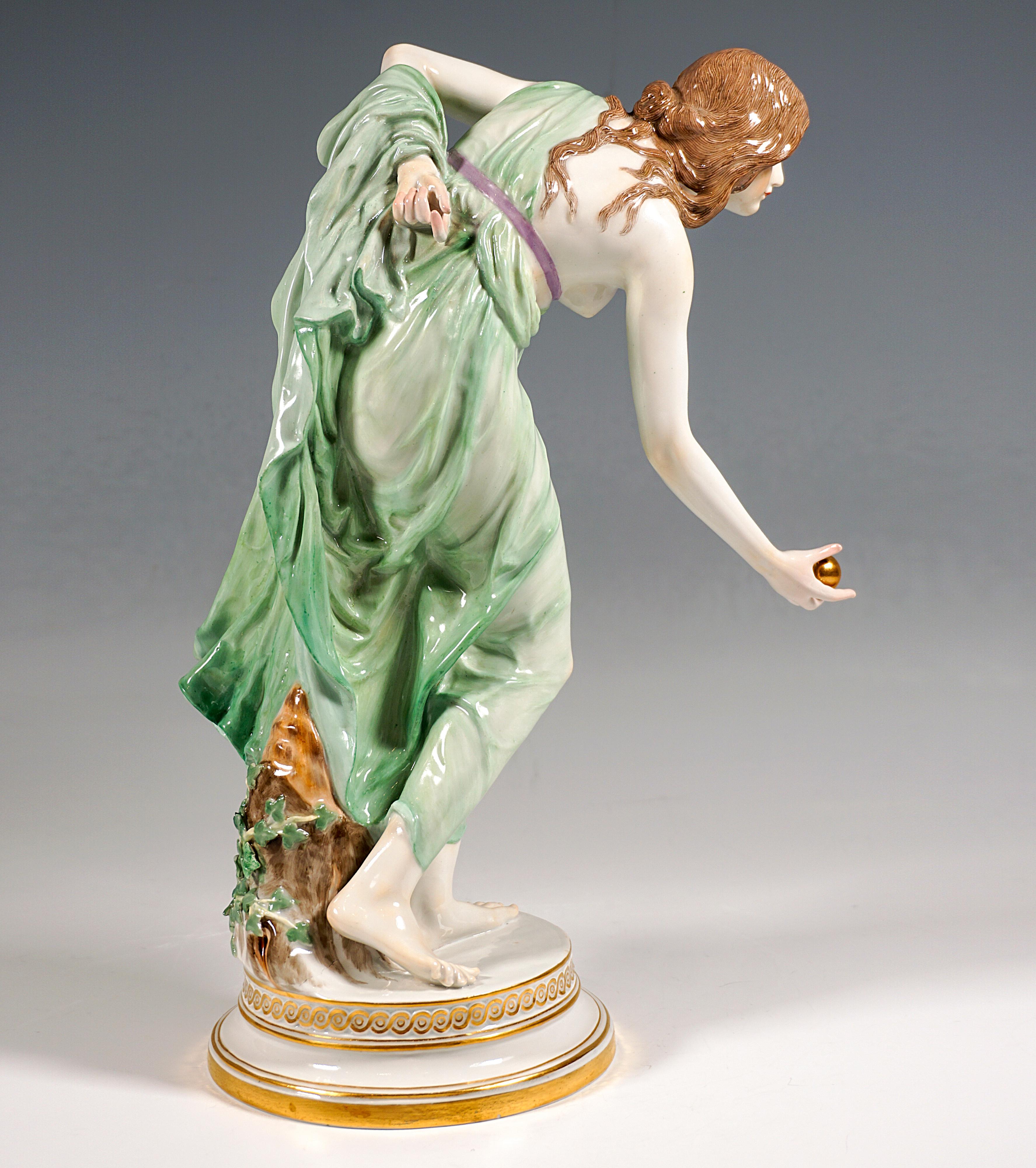 German Meissen Art Nouveau Figurine, Young Lady Ball Player by Walter Schott, ca 1910 For Sale