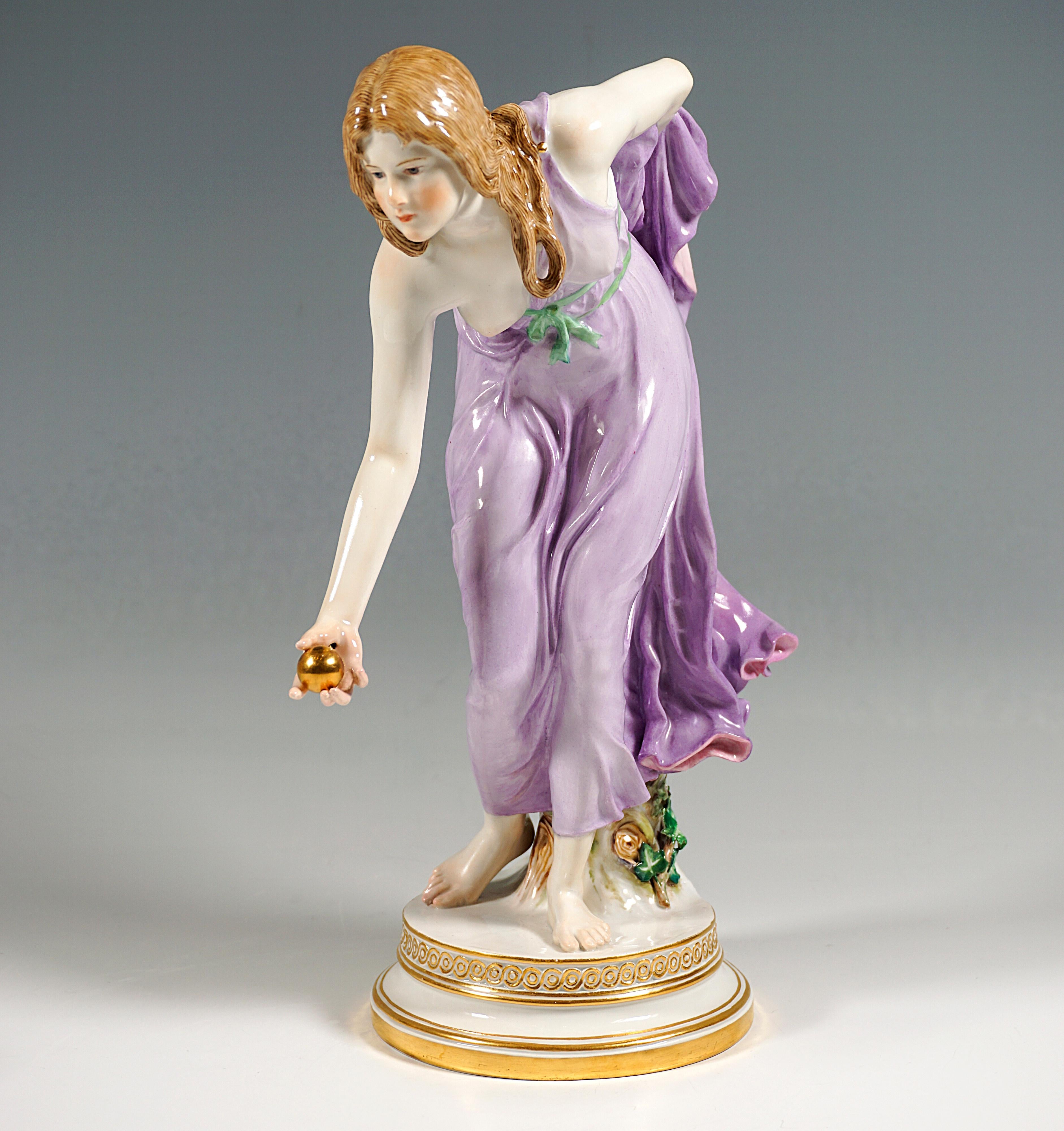 German Meissen Art Nouveau Figurine, Young Lady Ball Player by Walter Schott, ca 1910