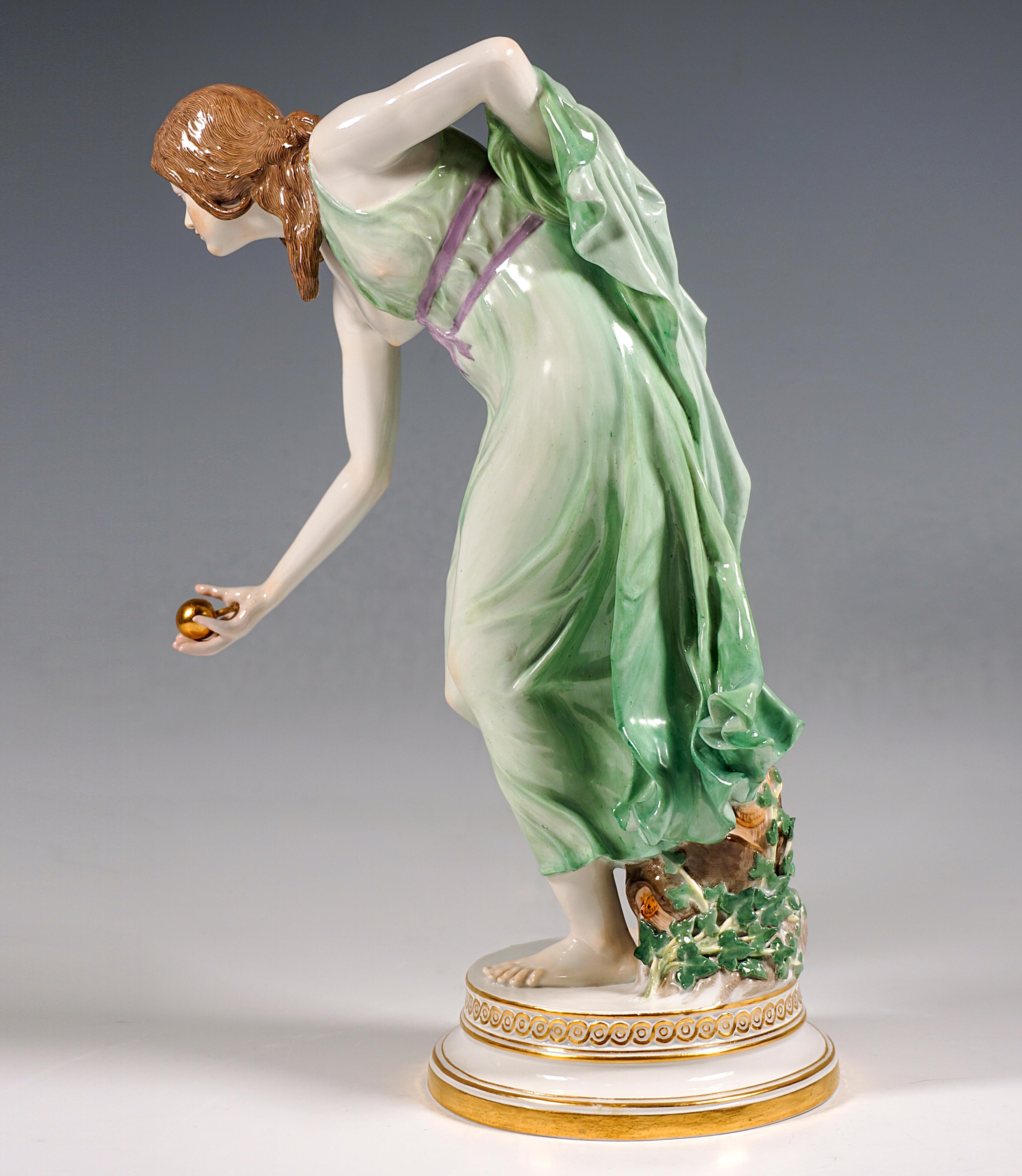 Hand-Crafted Meissen Art Nouveau Figurine, Young Lady Ball Player by Walter Schott, ca 1910 For Sale