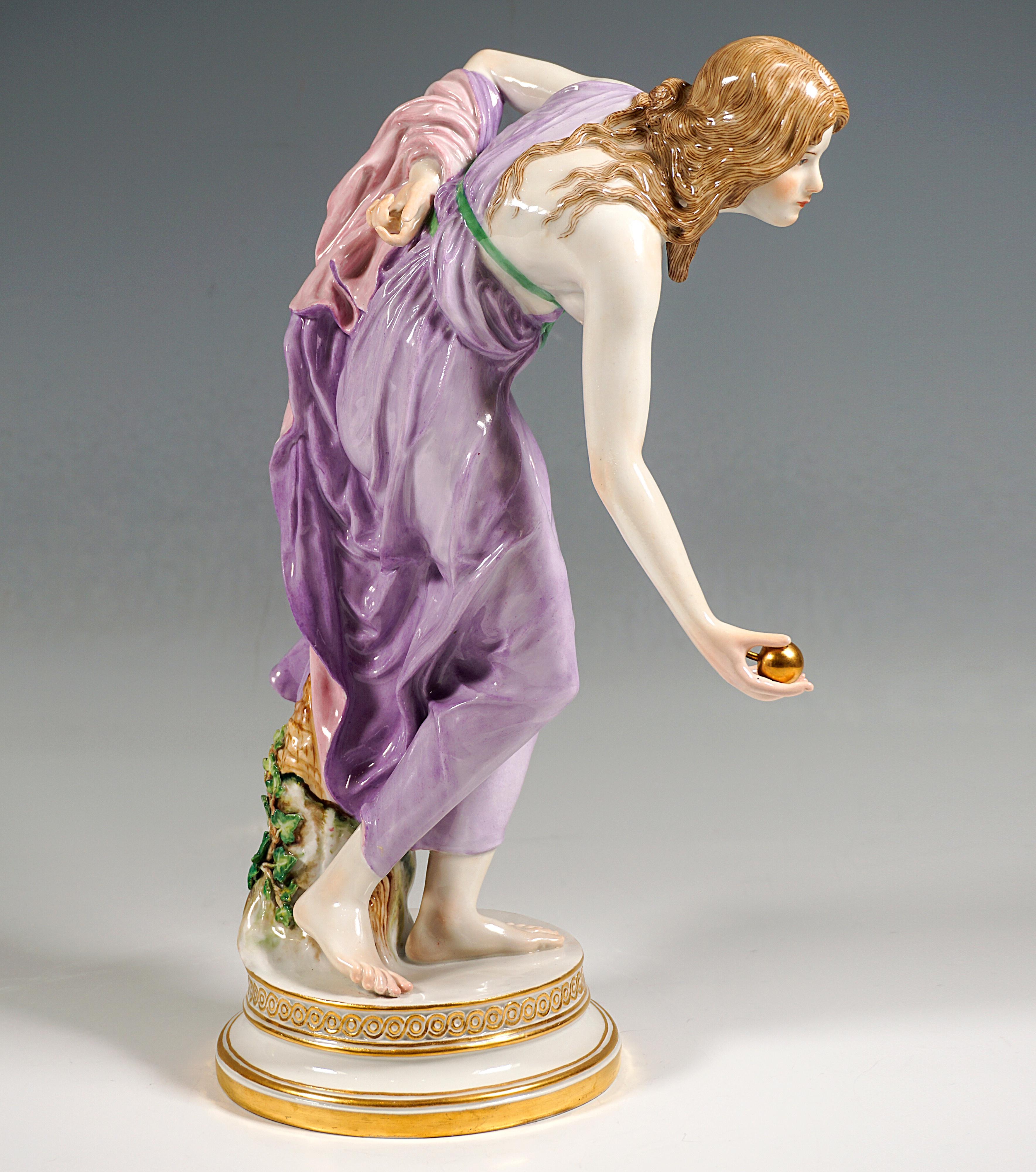 Hand-Crafted Meissen Art Nouveau Figurine, Young Lady Ball Player by Walter Schott, ca 1910