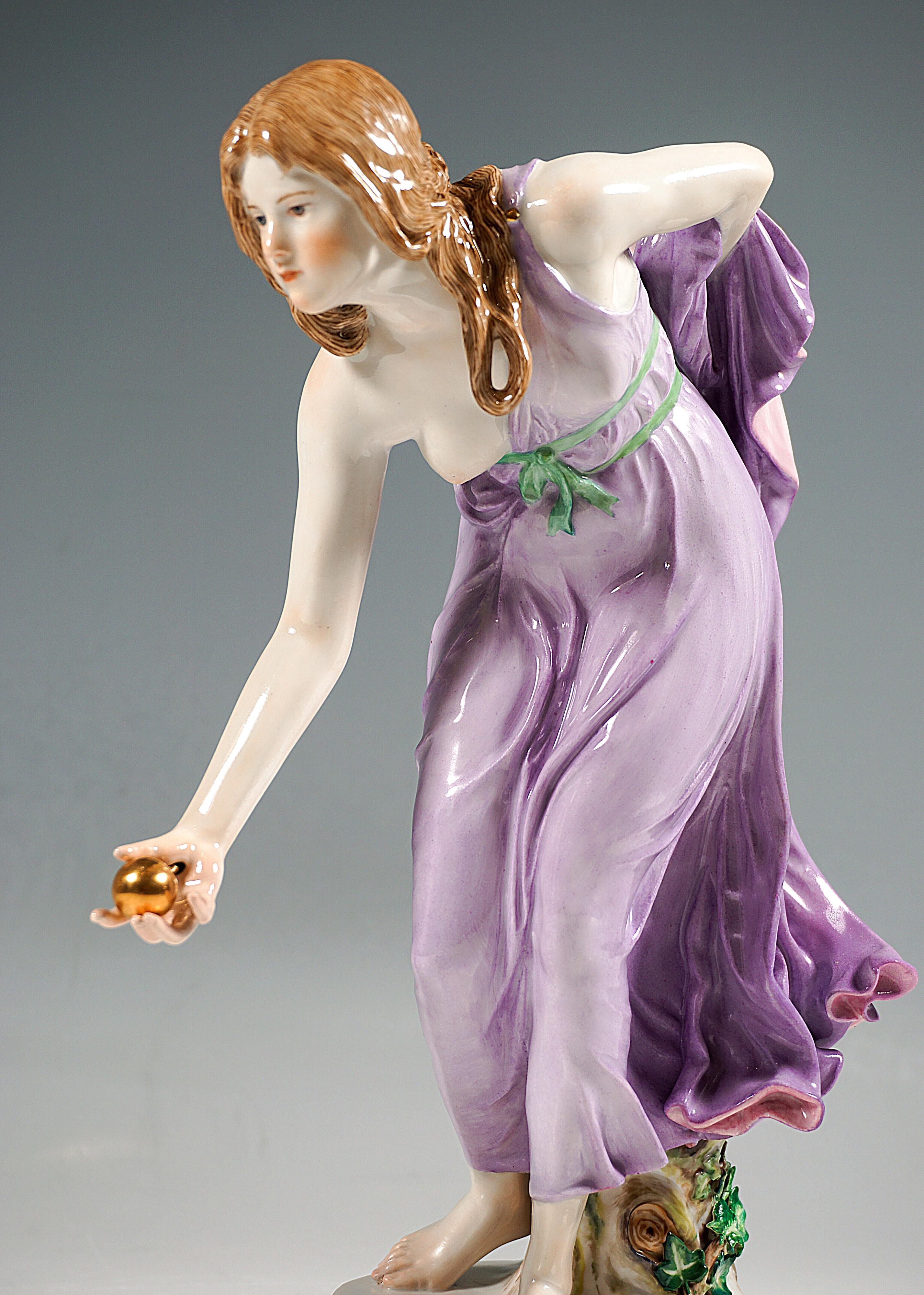 Porcelain Meissen Art Nouveau Figurine, Young Lady Ball Player by Walter Schott, ca 1910