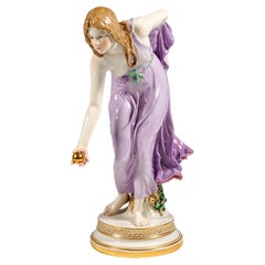 Antique Meissen Art Nouveau Figurine, Young Lady Ball Player by Walter Schott, ca 1910