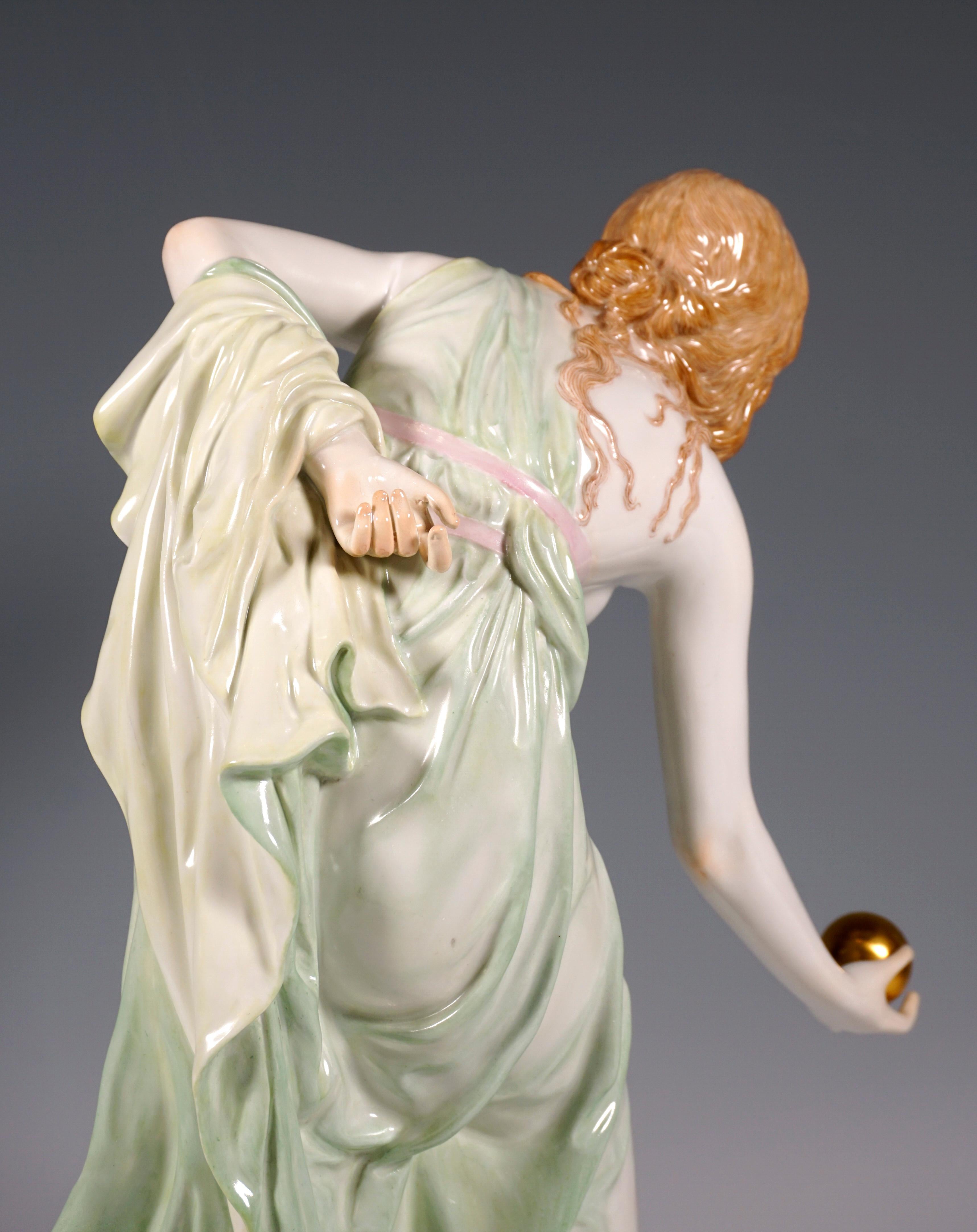 Hand-Painted Meissen Art Nouveau Figurine Young Lady Ball Player by Walter Schott, ca 1924
