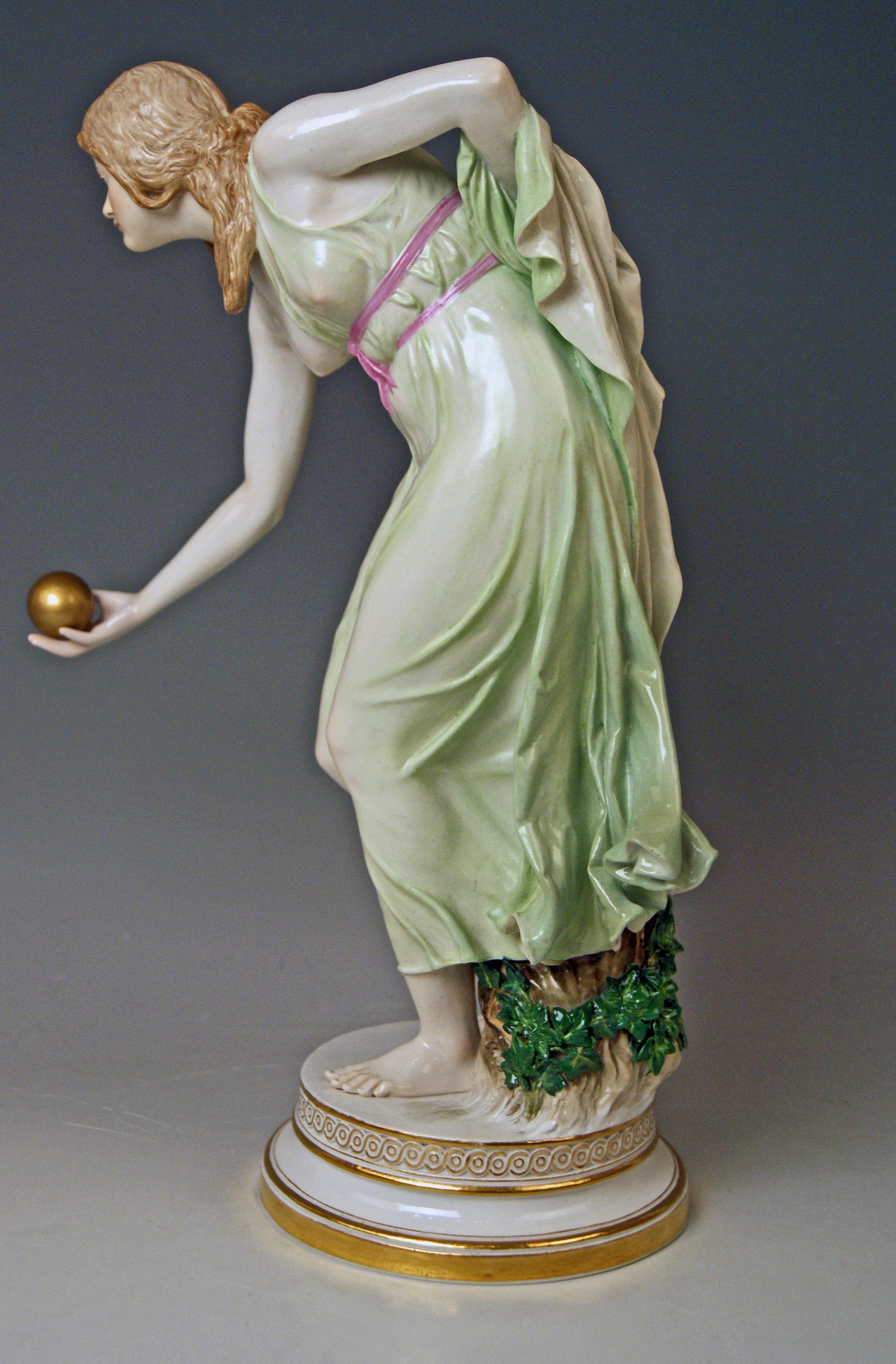 Meissen lovely girl playing bowls
Gorgeous Art Nouveau Porcelain Figurine!
Quite early manufacturing (made circa 1900) 
First quality

Meissen blue sword mark with pommels on hilts (underglazed)
model number Q 180 
painter's number 13

This