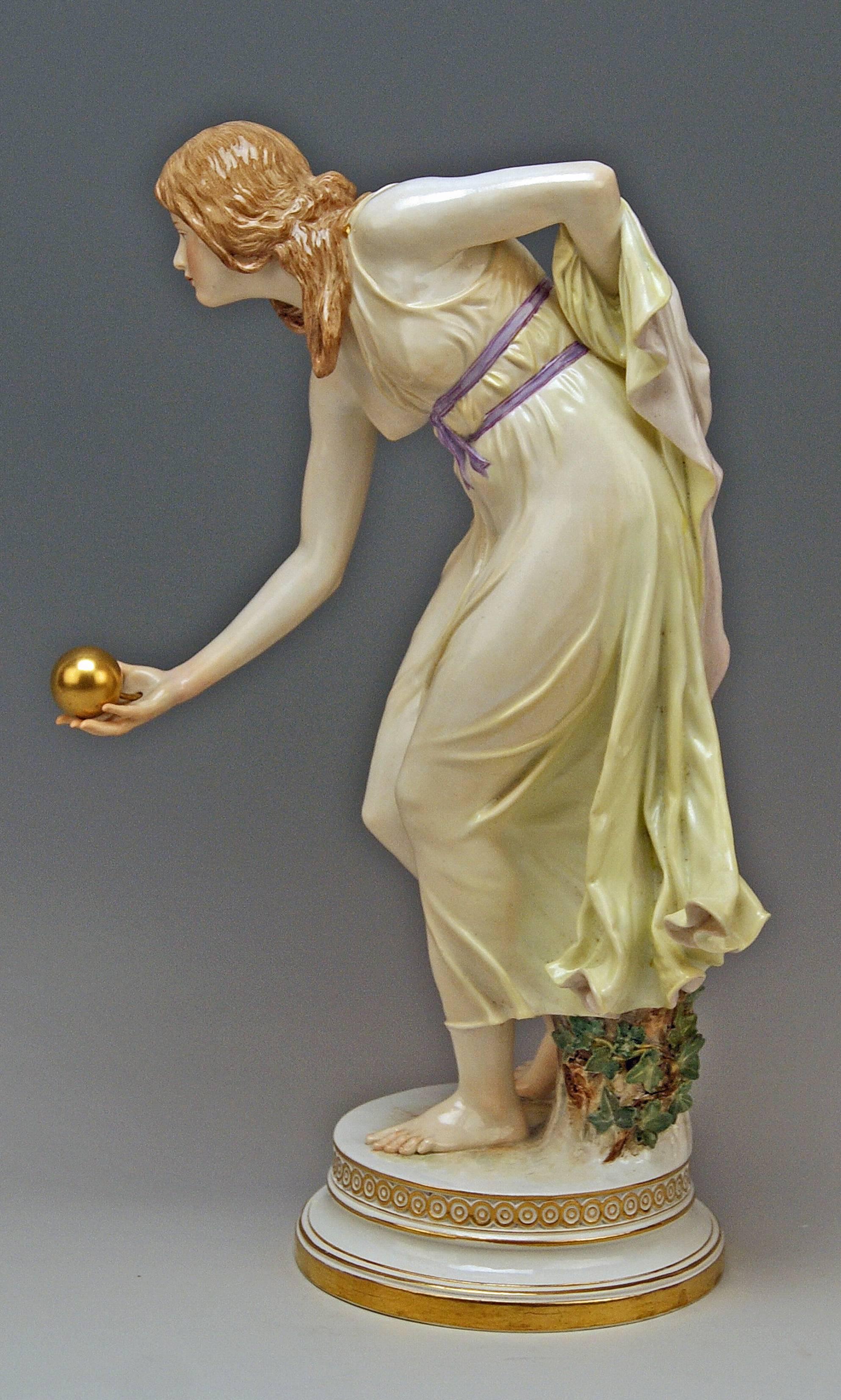 Meissen lovely girl playing bowls
Gorgeous art nouveau porcelain figurine !
Quite early manufacturing (made circa 1900) 
First quality

Meissen Blue Sword Mark with Pommels on Hilts (underglazed)
model number Q 180 
former's number 147 /