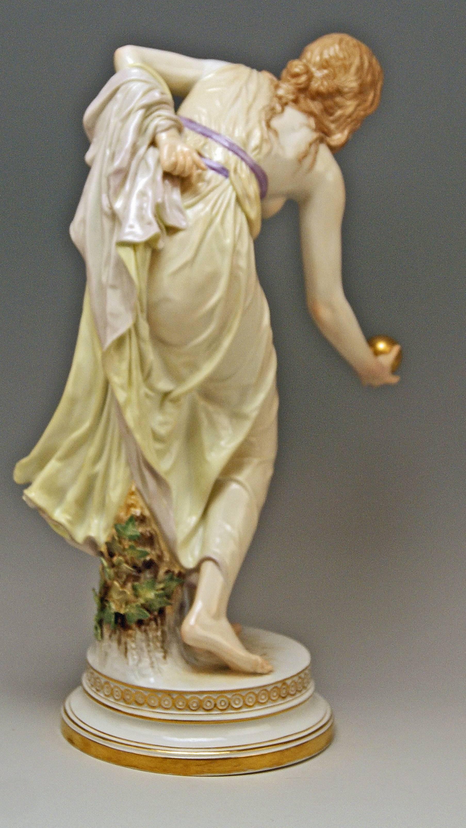 Painted Meissen Art Nouveau Girl Playing Bowls by Walter Schott, circa 1900