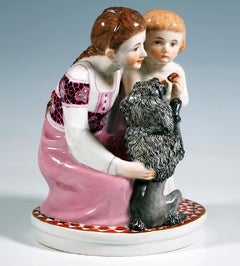 Meissen Art Nouveau Group, Two Children With Dog, By Max Bochmann, Circa 1912