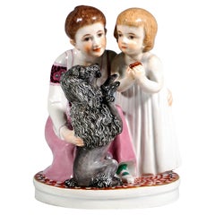 Groupe Meissen Art Nouveau, deux Child & Child avec chien, par Max Bochmann, Circa 1912