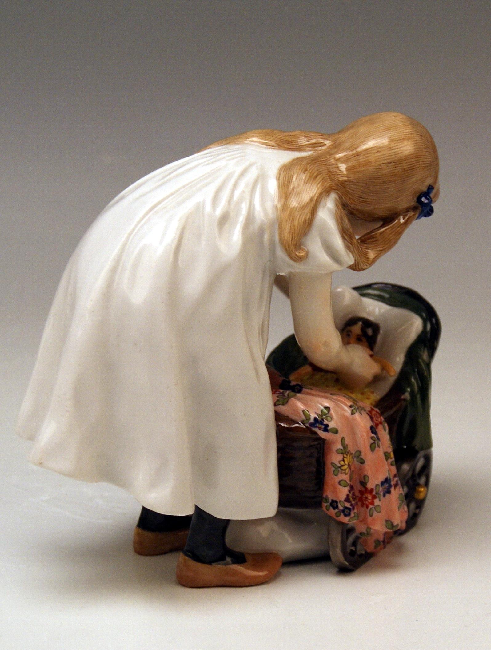 Painted Meissen Art Nouveau Hentschel Girl with Doll Carriage Model W 124 ca 1905