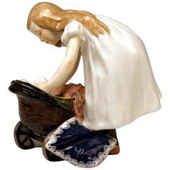 Antique Meissen Art Nouveau Hentschel Girl with Doll Carriage Model W 124 ca 1905