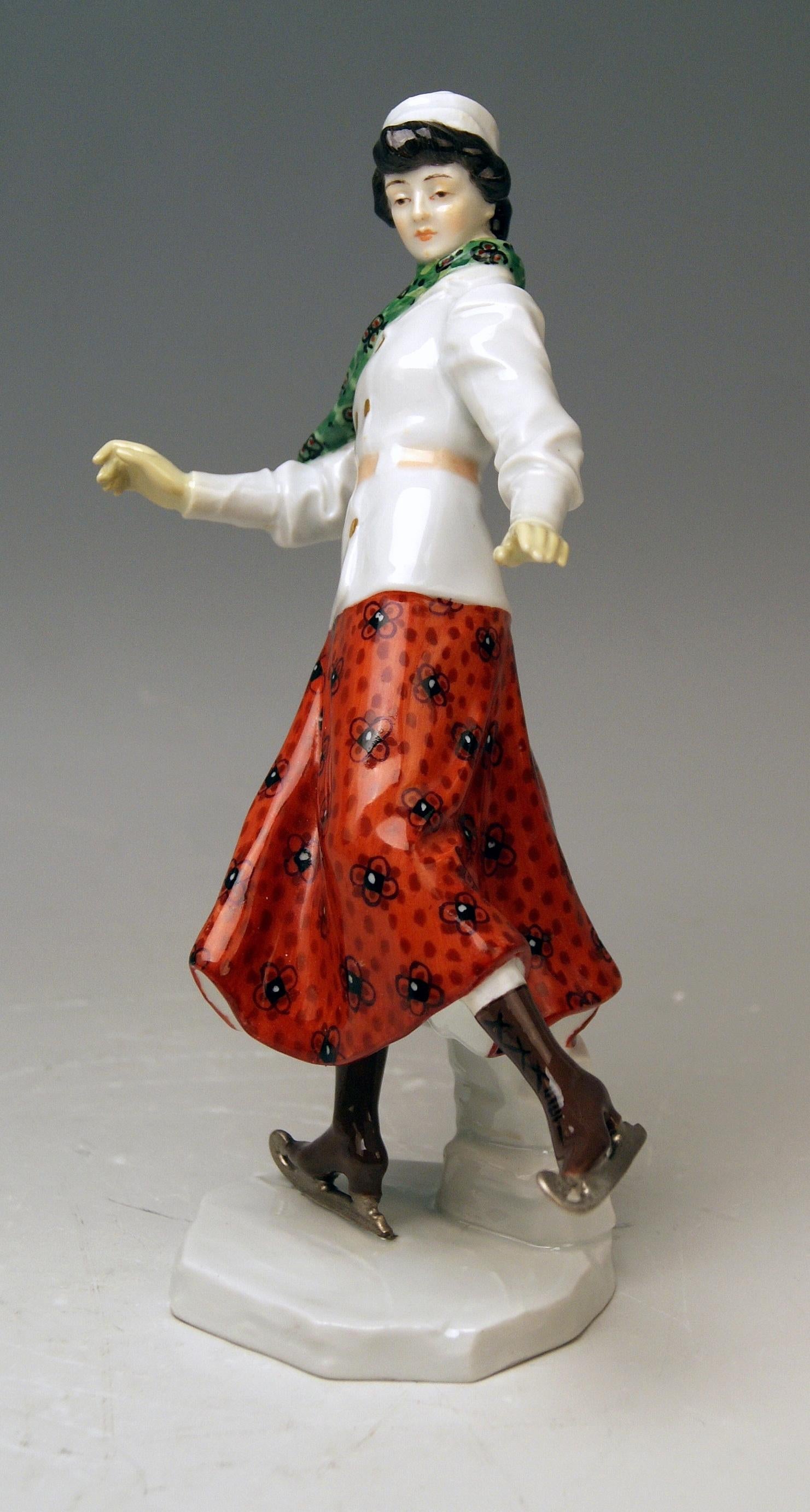 Meissen Gorgeous Art Nouveau Figurine: Lady Ice Skating

Manufactory: Meissen 
Dating: made circa 1911-1912
Hallmarked: Meissen Mark with Pommels on Hilts 
First Quality
Model Z 194 / Painter's Number 67 / Former's Number 36
Material: