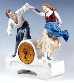 Meissen Art Nouveau Mantle Clock With Dancing Couple, By K. Hentschel, Ca. 1910