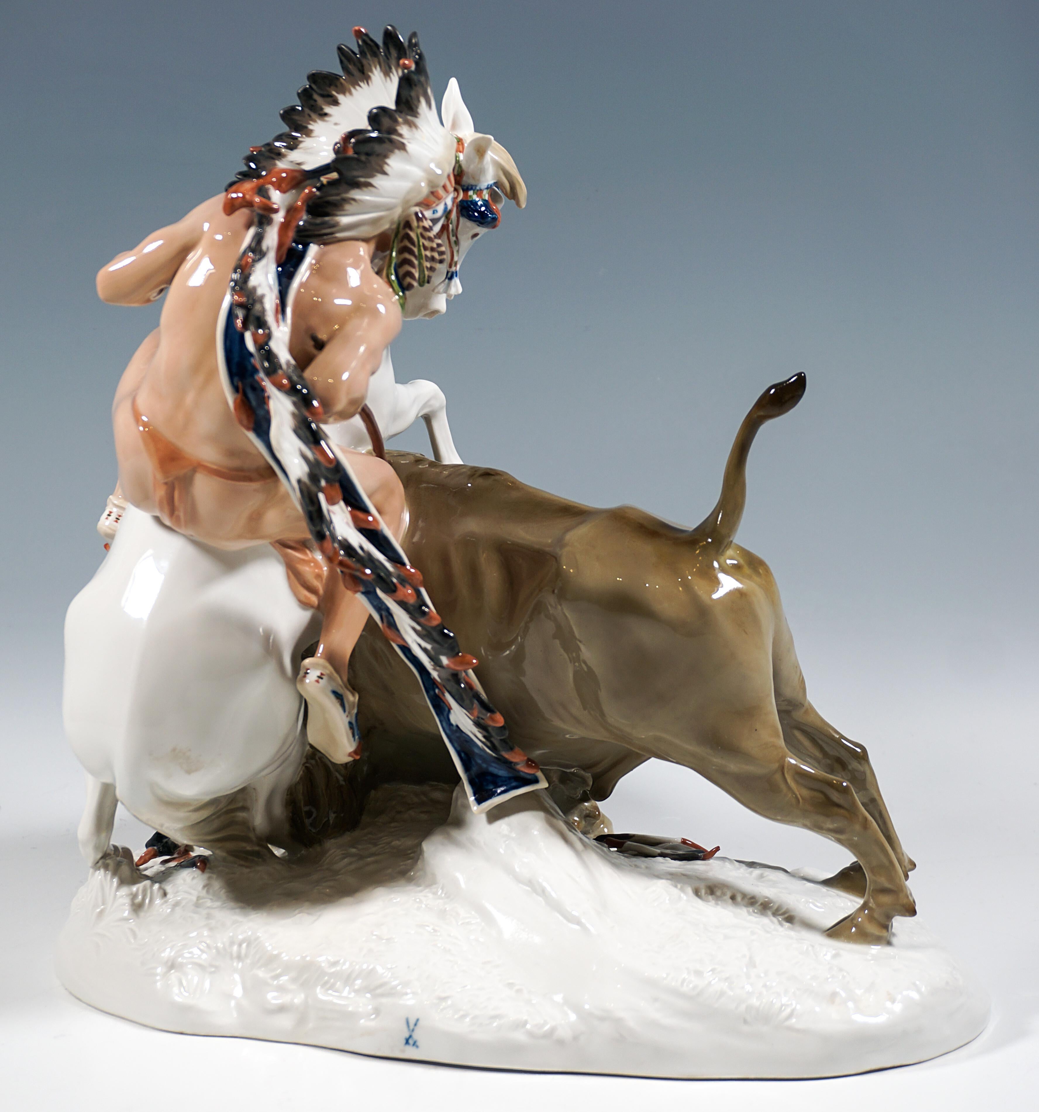 Meissener Jugendstil-Porzellangruppe „Indian Haunting A Buffalo“, Hoesel, Deutschland (Handgefertigt) im Angebot