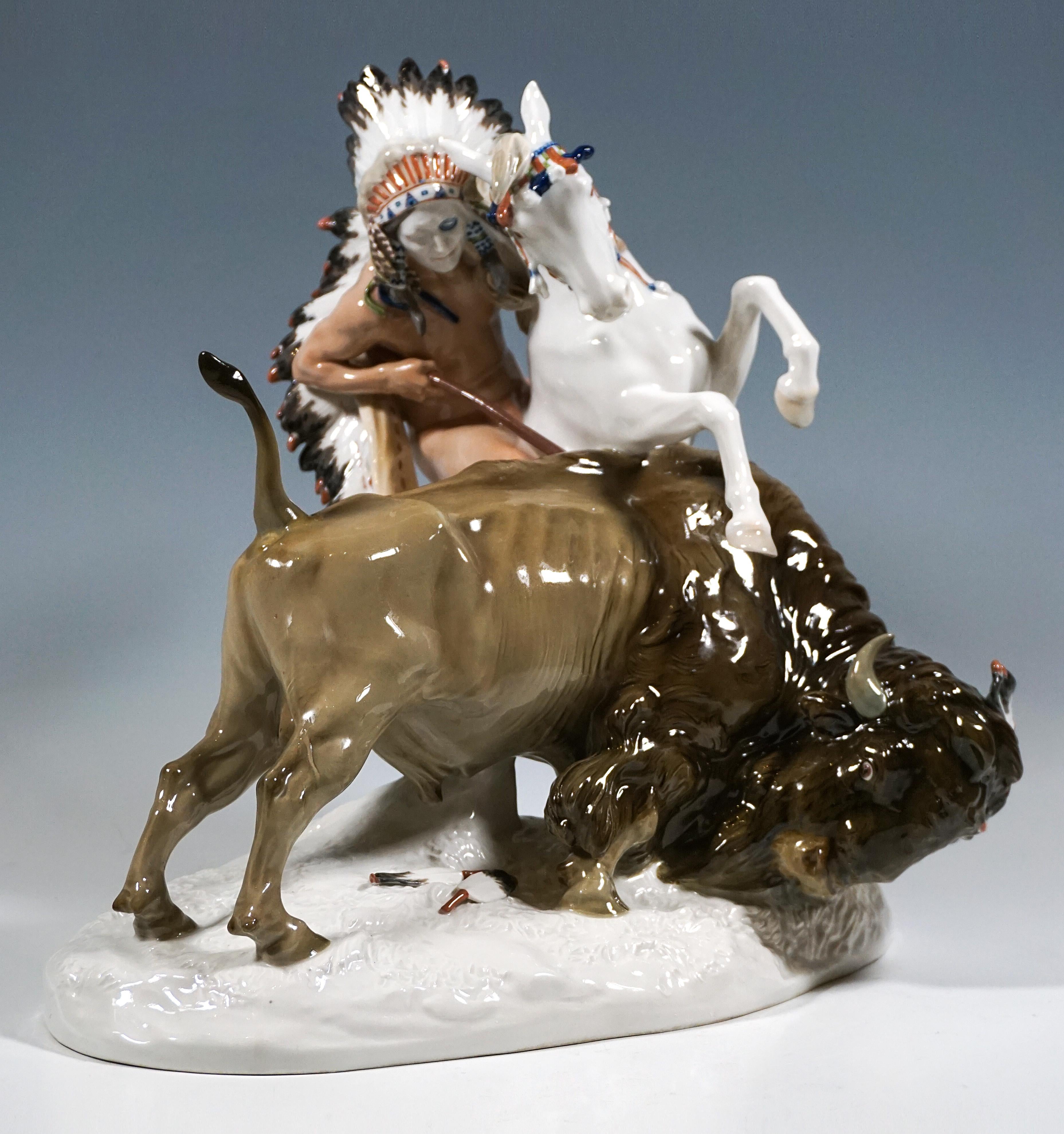 Meissener Jugendstil-Porzellangruppe „Indian Haunting A Buffalo“, Hoesel, Deutschland (Mitte des 20. Jahrhunderts) im Angebot