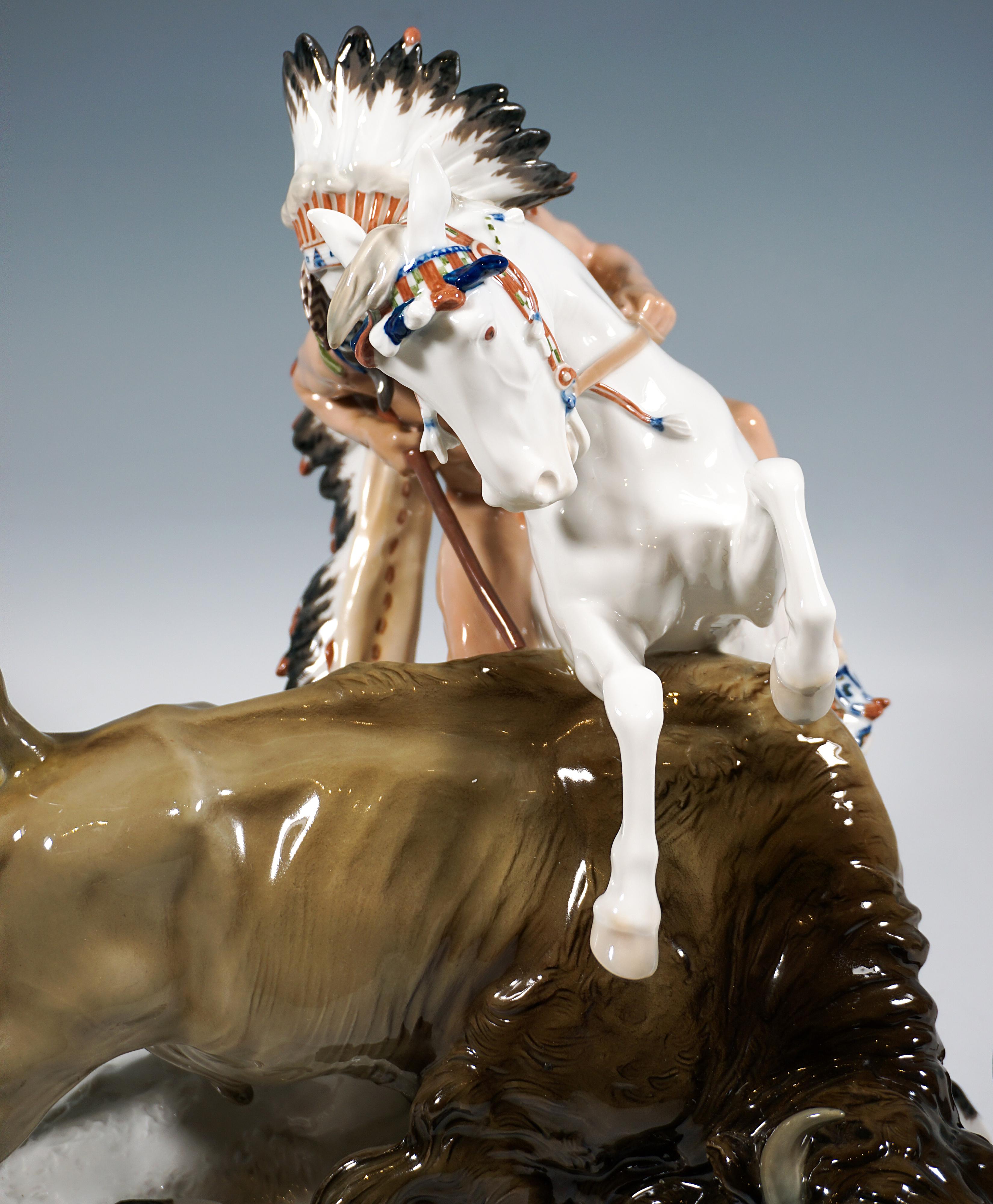 Meissener Jugendstil-Porzellangruppe „Indian Haunting A Buffalo“, Hoesel, Deutschland im Angebot 3