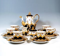 Service à café Meissen en forme de B pour 6 personnes avec décor cobalt et or somptueux, 20e