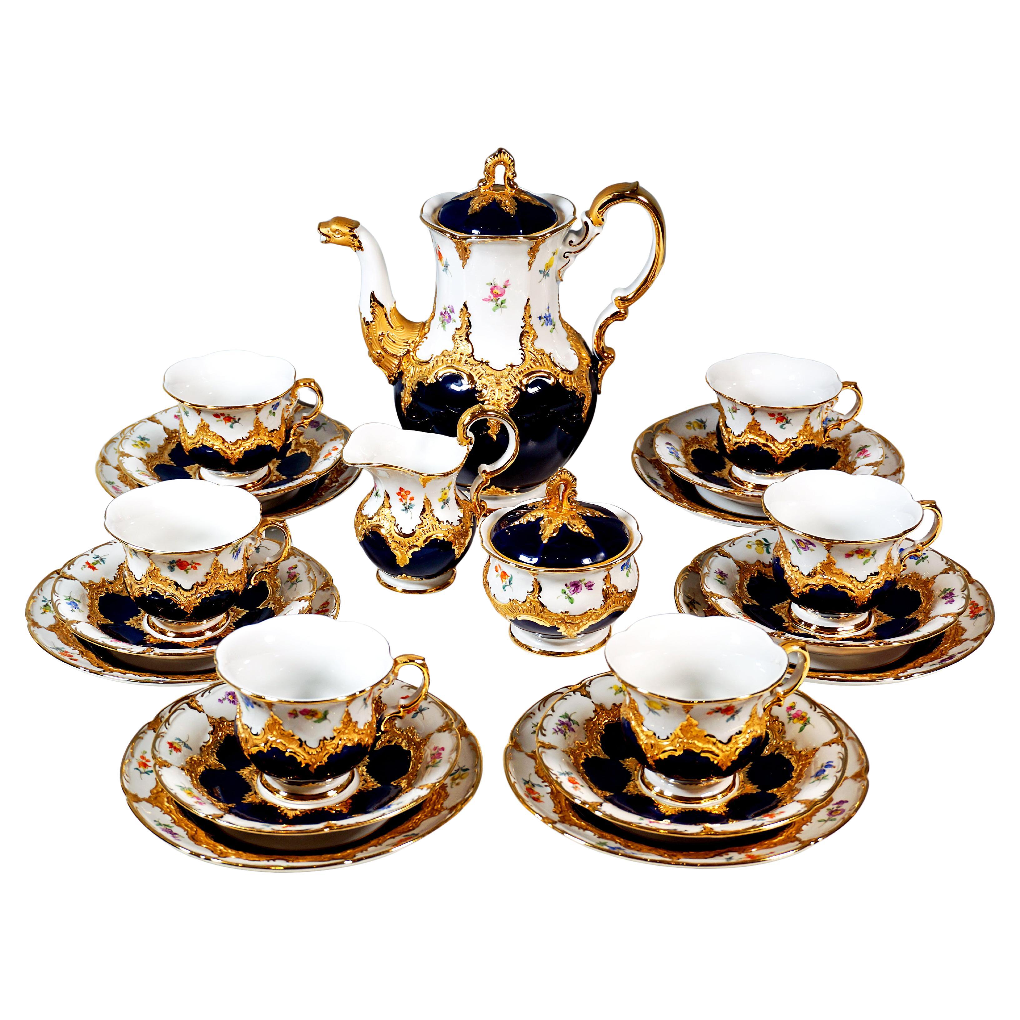 Meissen B-Shape Coffee Set For 6 Persons With Cobalt 
Lavish Gold Decor, 20th For Sale