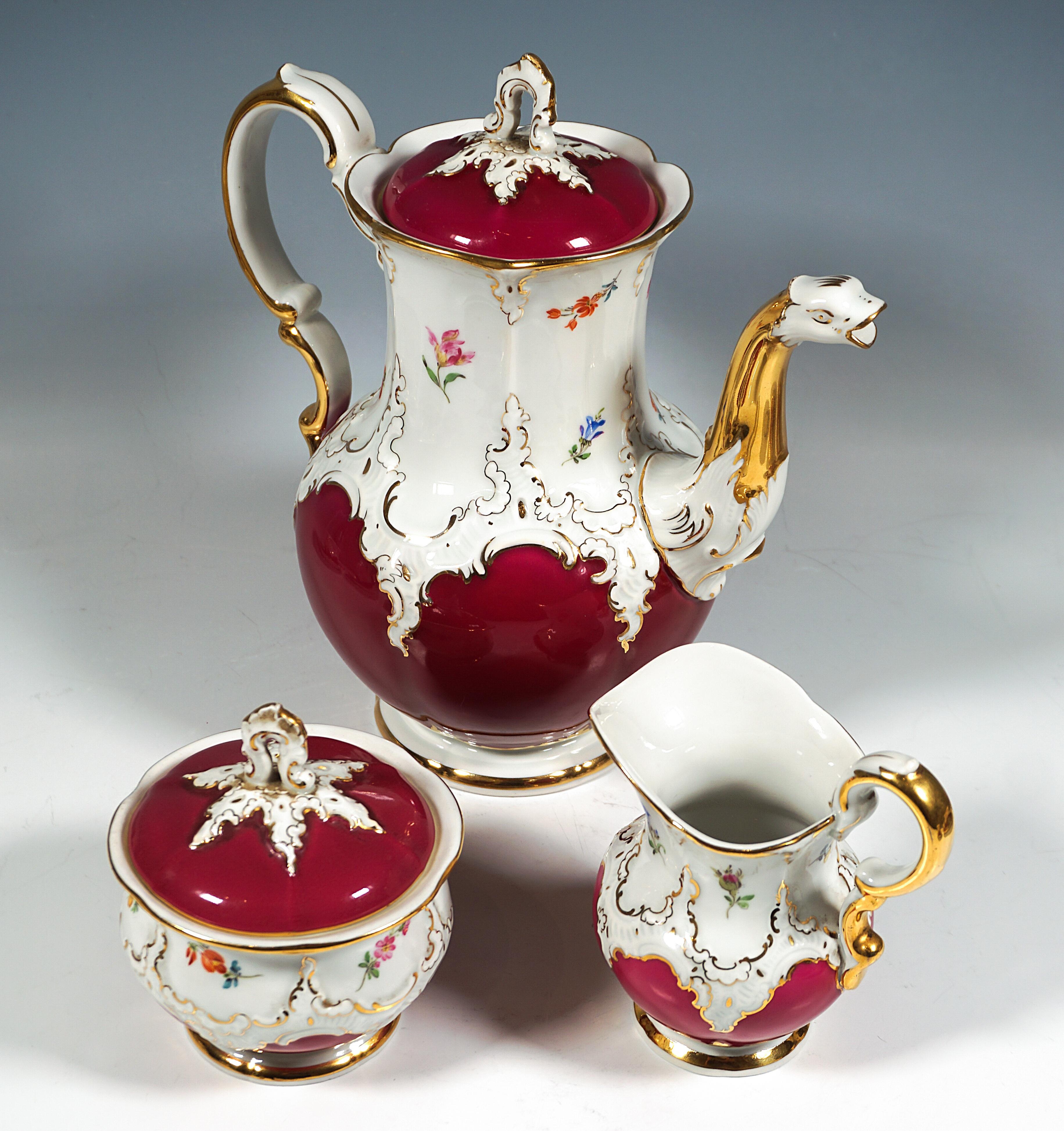 Baroque Service à café Meissen B pour 6 personnes avec décor violet, fleurs et or, 20e en vente