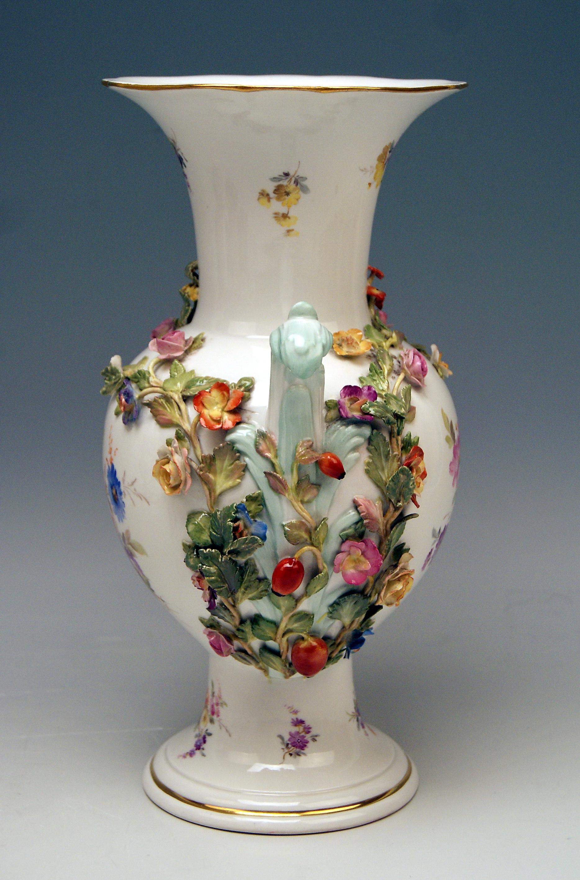 German Meissen Bellied Vase Sculptured Flowers Fruits, circa 1870