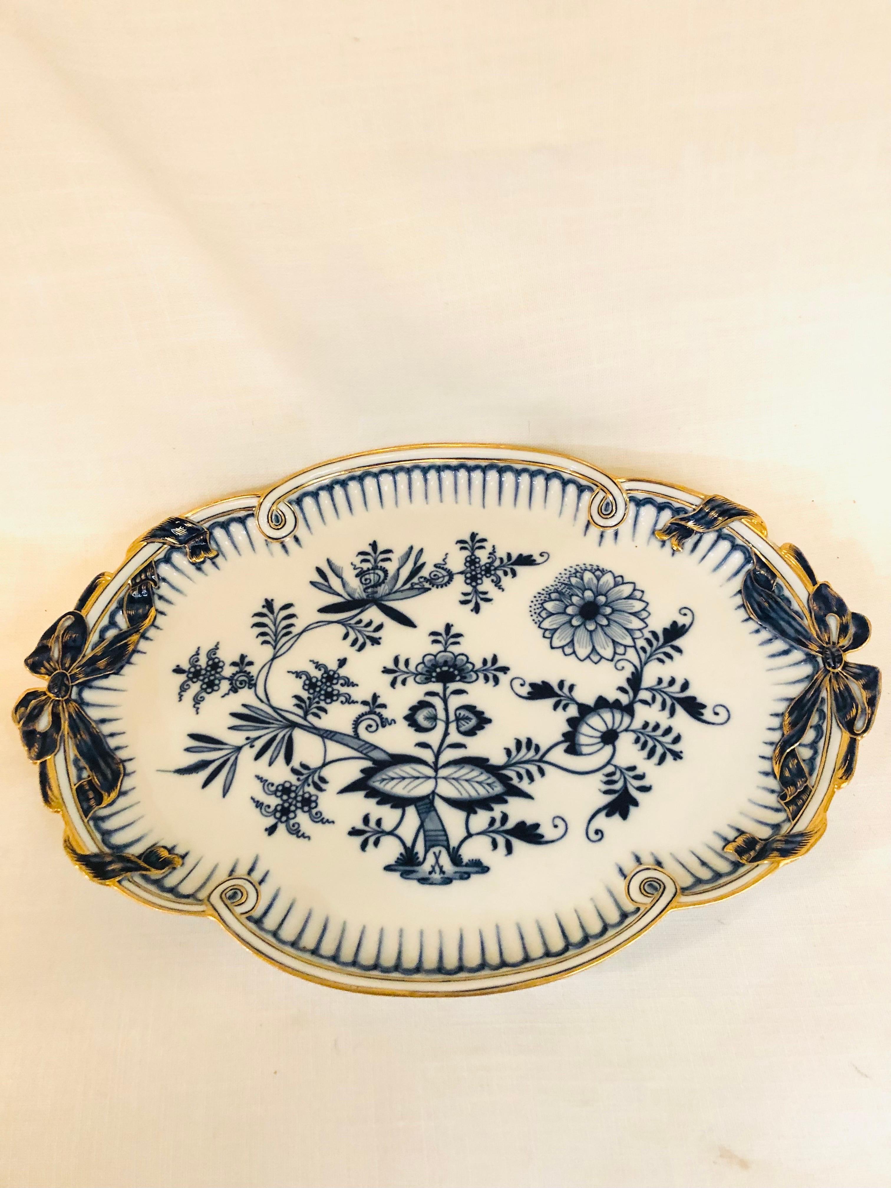 Other Meissen Blue Onion Antique Serving Tray with Gold Border and Bow Handles