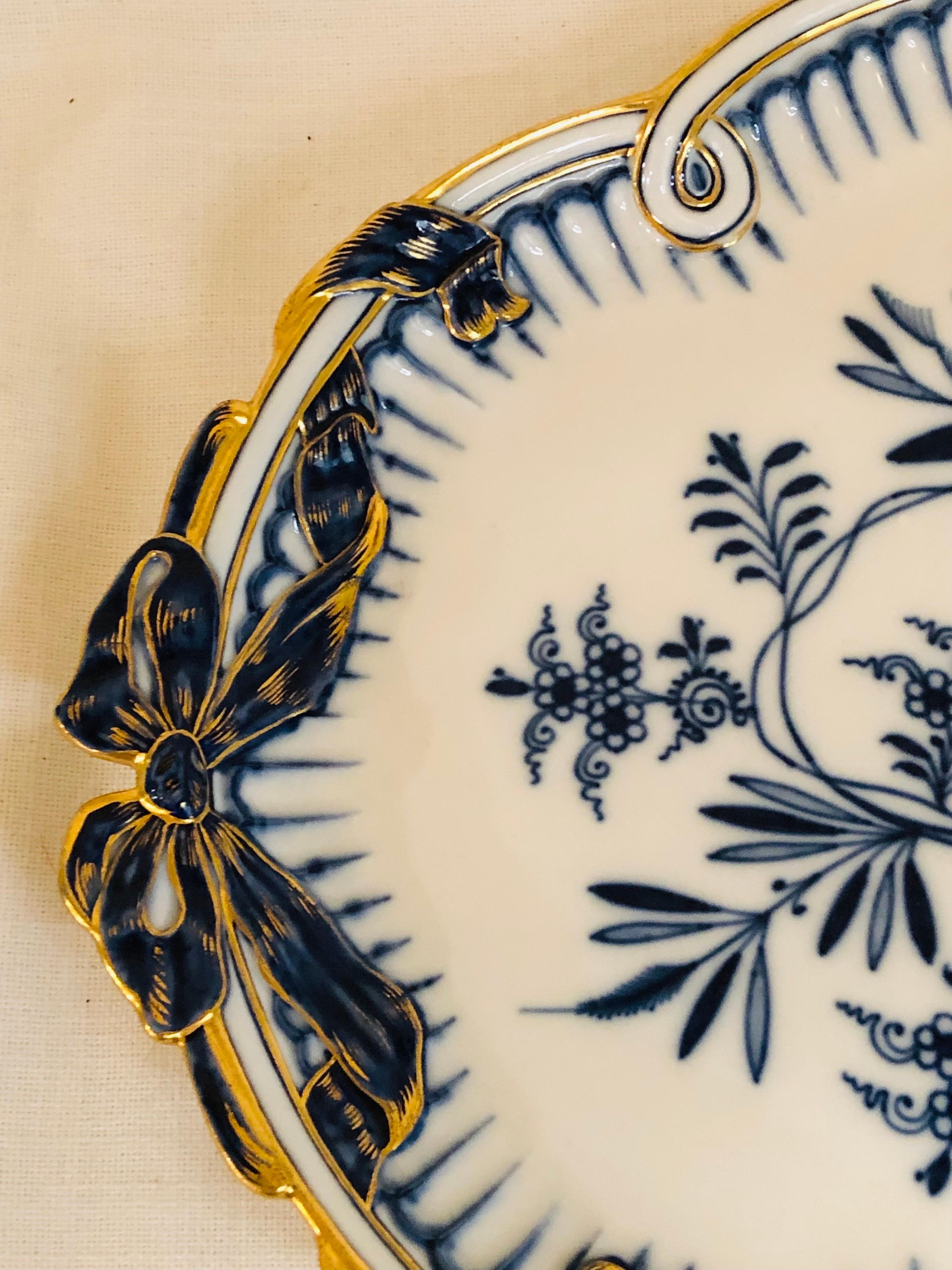 German Meissen Blue Onion Antique Serving Tray with Gold Border and Bow Handles