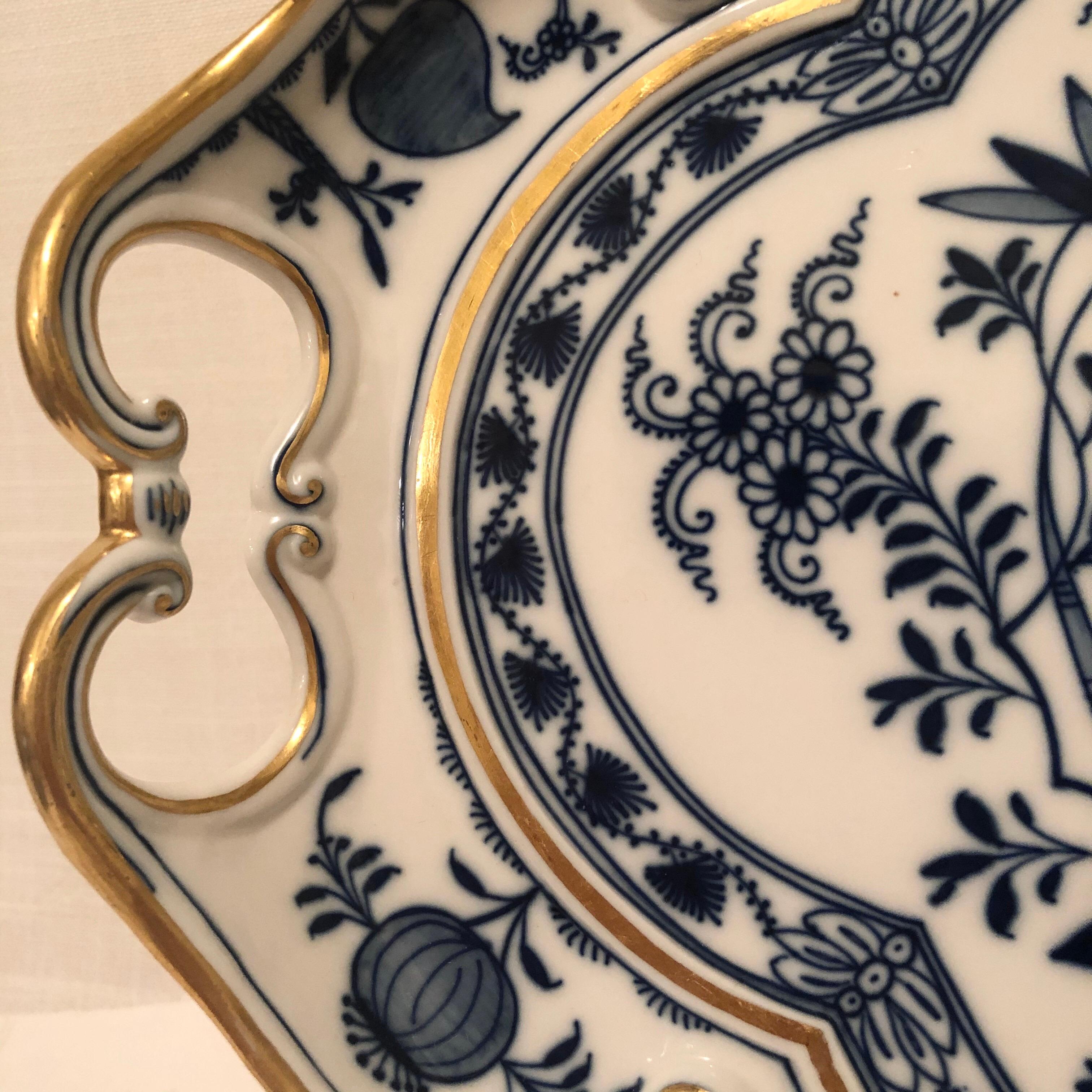 Rococo Meissen Blue Onion Fluted Serving Tray with Gold Border and Handles