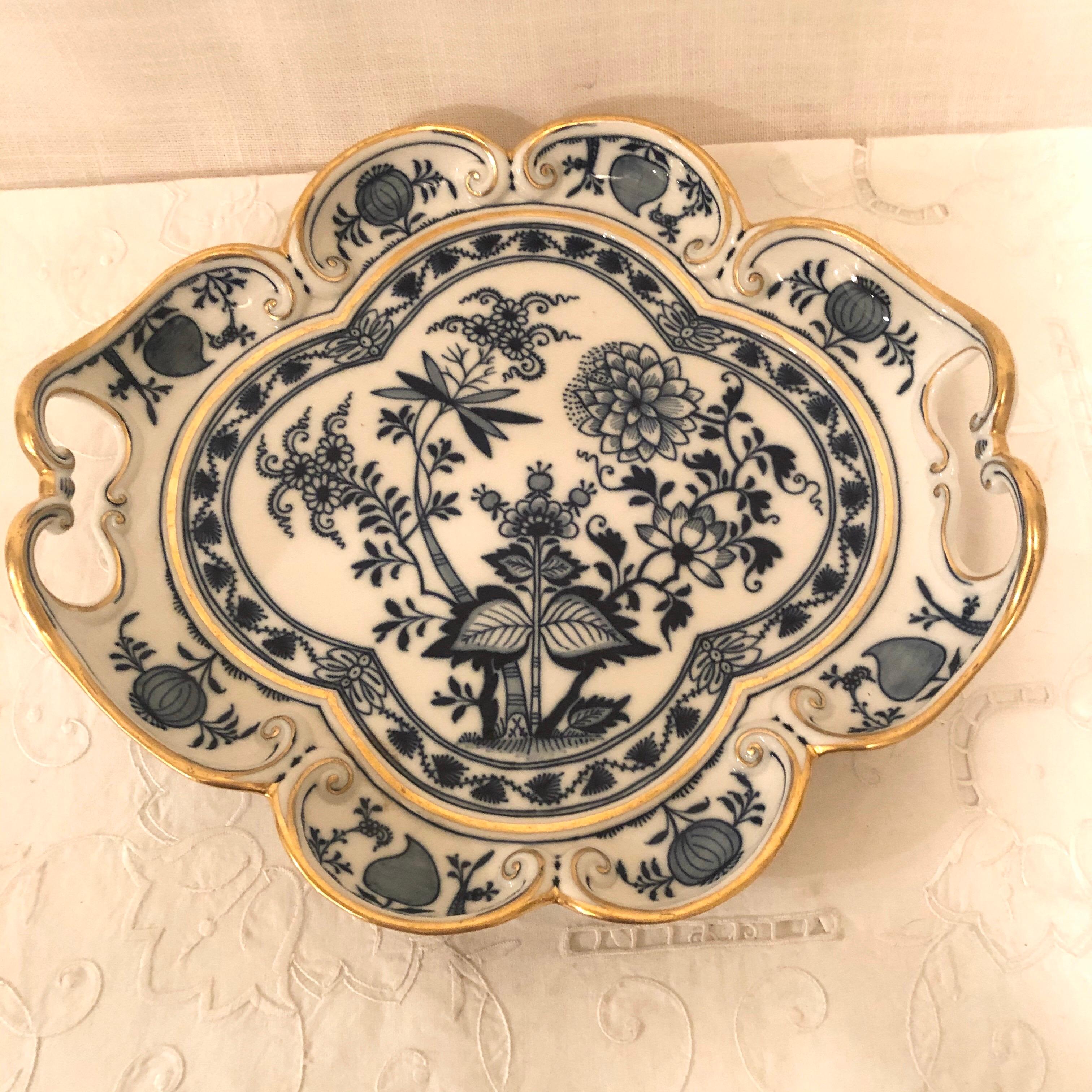 German Meissen Blue Onion Fluted Serving Tray with Gold Border and Handles