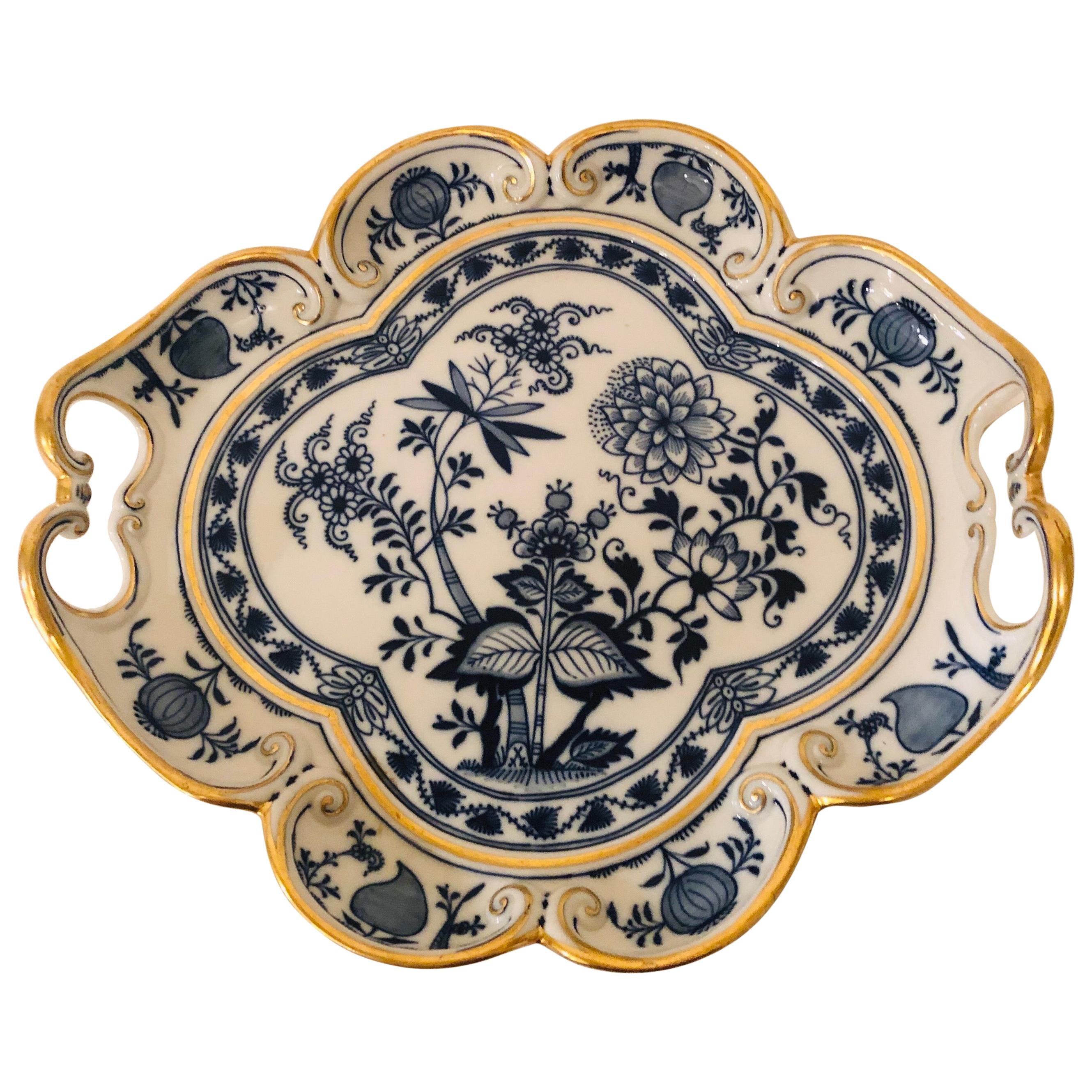 Meissen Blue Onion Fluted Serving Tray with Gold Border and Handles