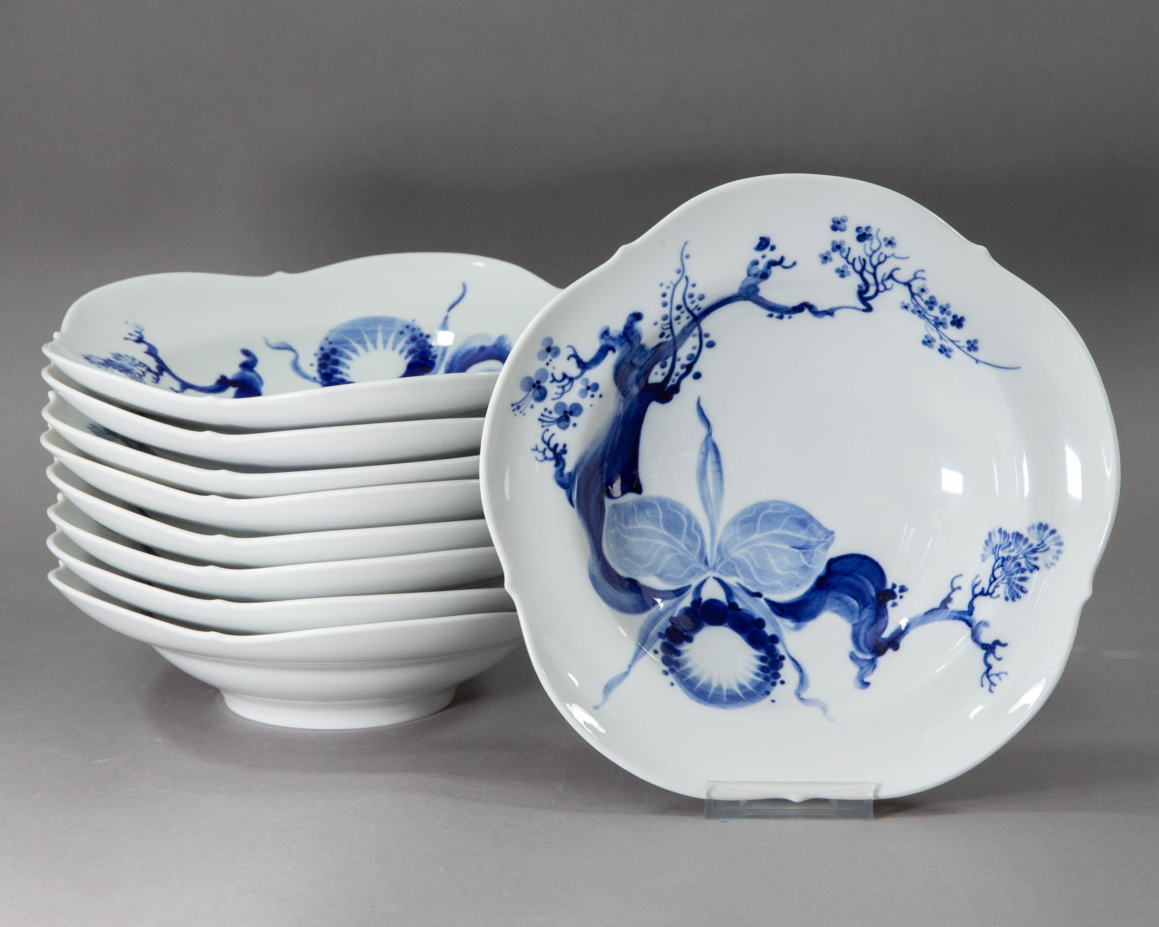 A stunning and rare soup plate made by Meissen in the second half of the 20th century.

The plate features Meissen's rare and very sought after 'Blue Orchid' Pattern. The pattern is considered one of the most iconic recent additions to Meissen's