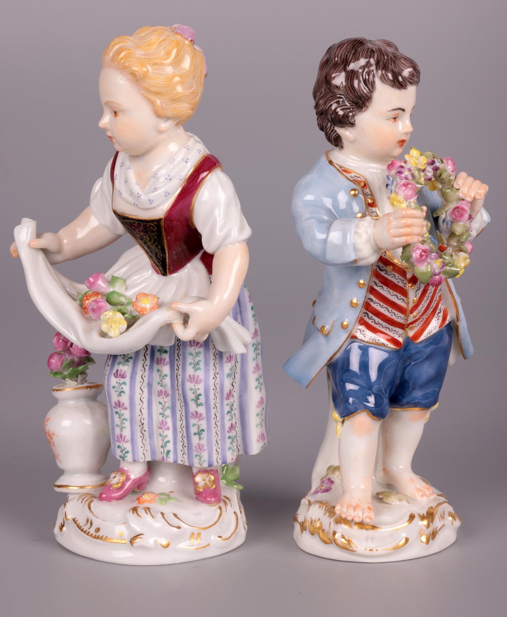Meissen Boy & Girl Porcelain Figures with Flowers For Sale 3