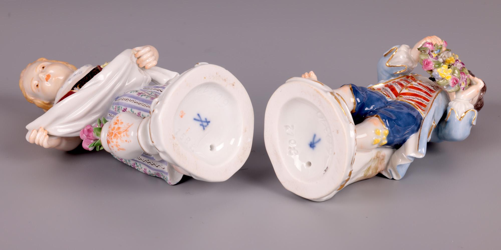 Meissen Boy & Girl Porcelain Figures with Flowers For Sale 4