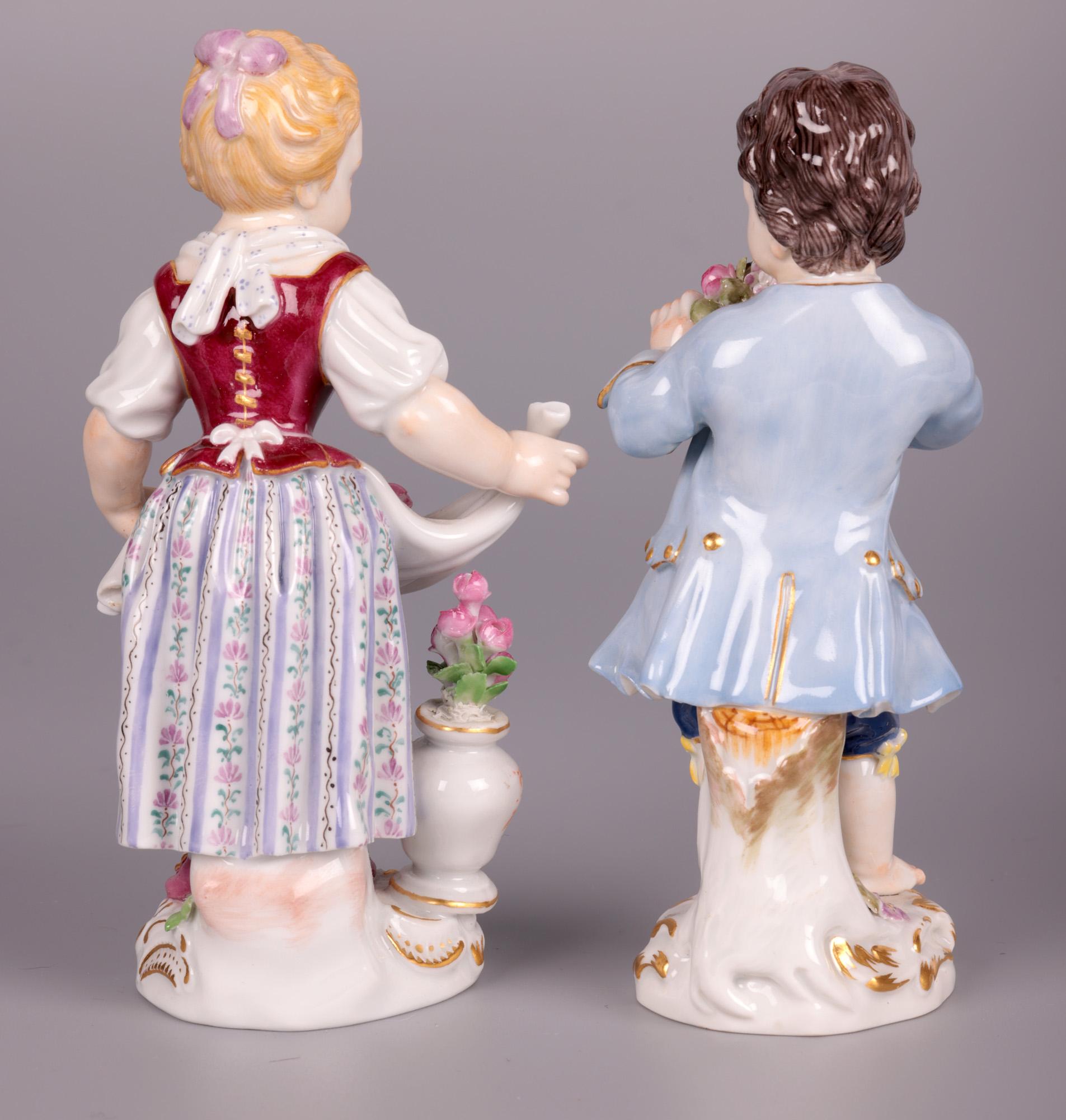 Meissen Boy & Girl Porcelain Figures with Flowers For Sale 6