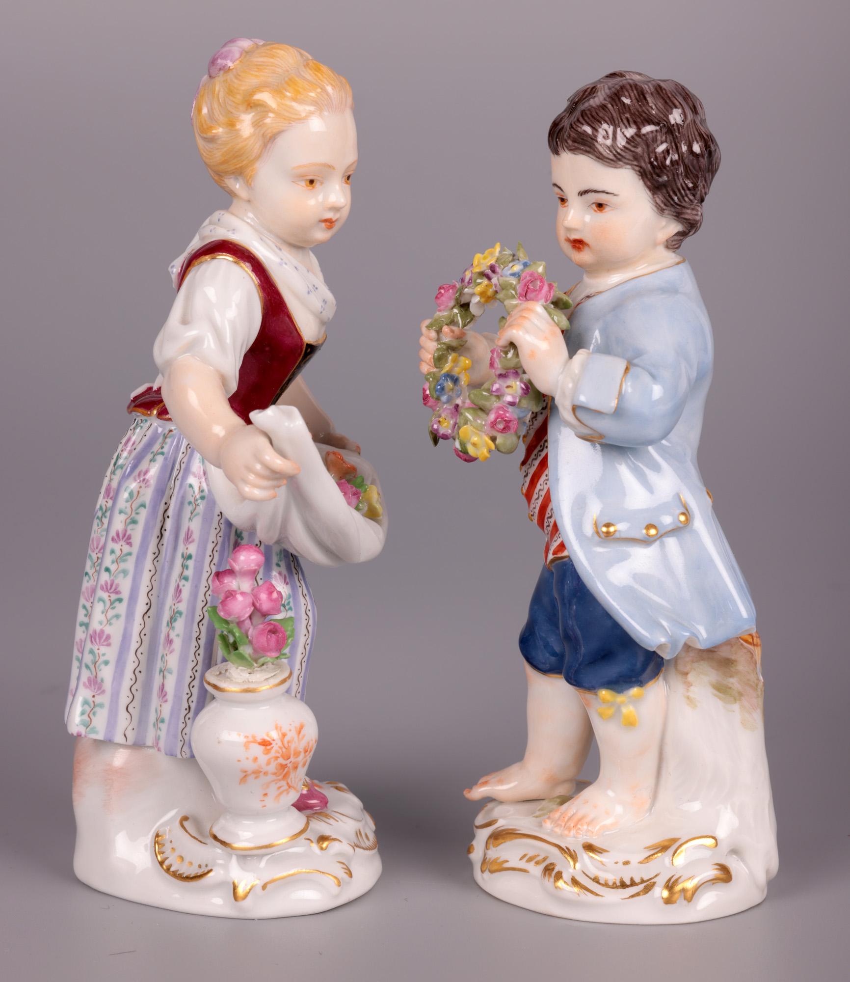 Meissen Boy & Girl Porcelain Figures with Flowers For Sale 8