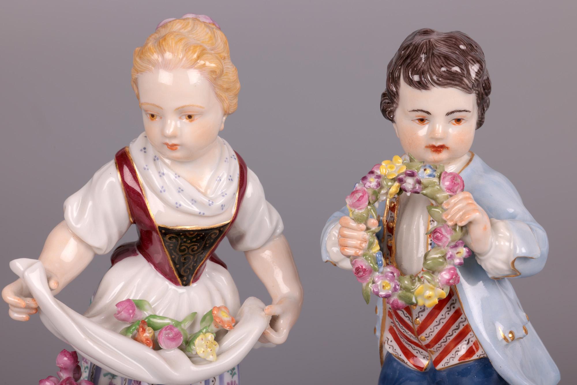 Mid-Century Modern Meissen Boy & Girl Porcelain Figures with Flowers For Sale