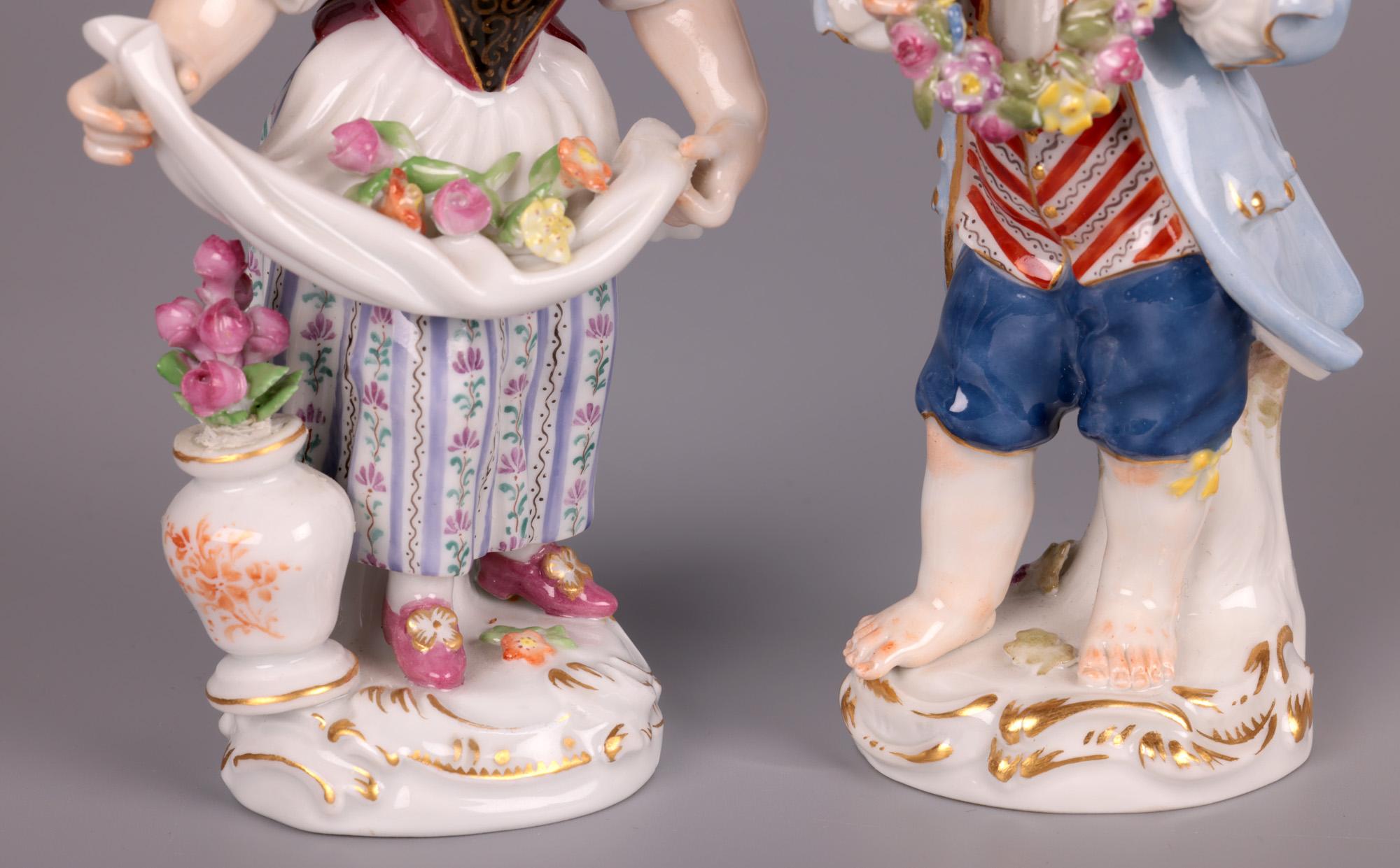 German Meissen Boy & Girl Porcelain Figures with Flowers For Sale