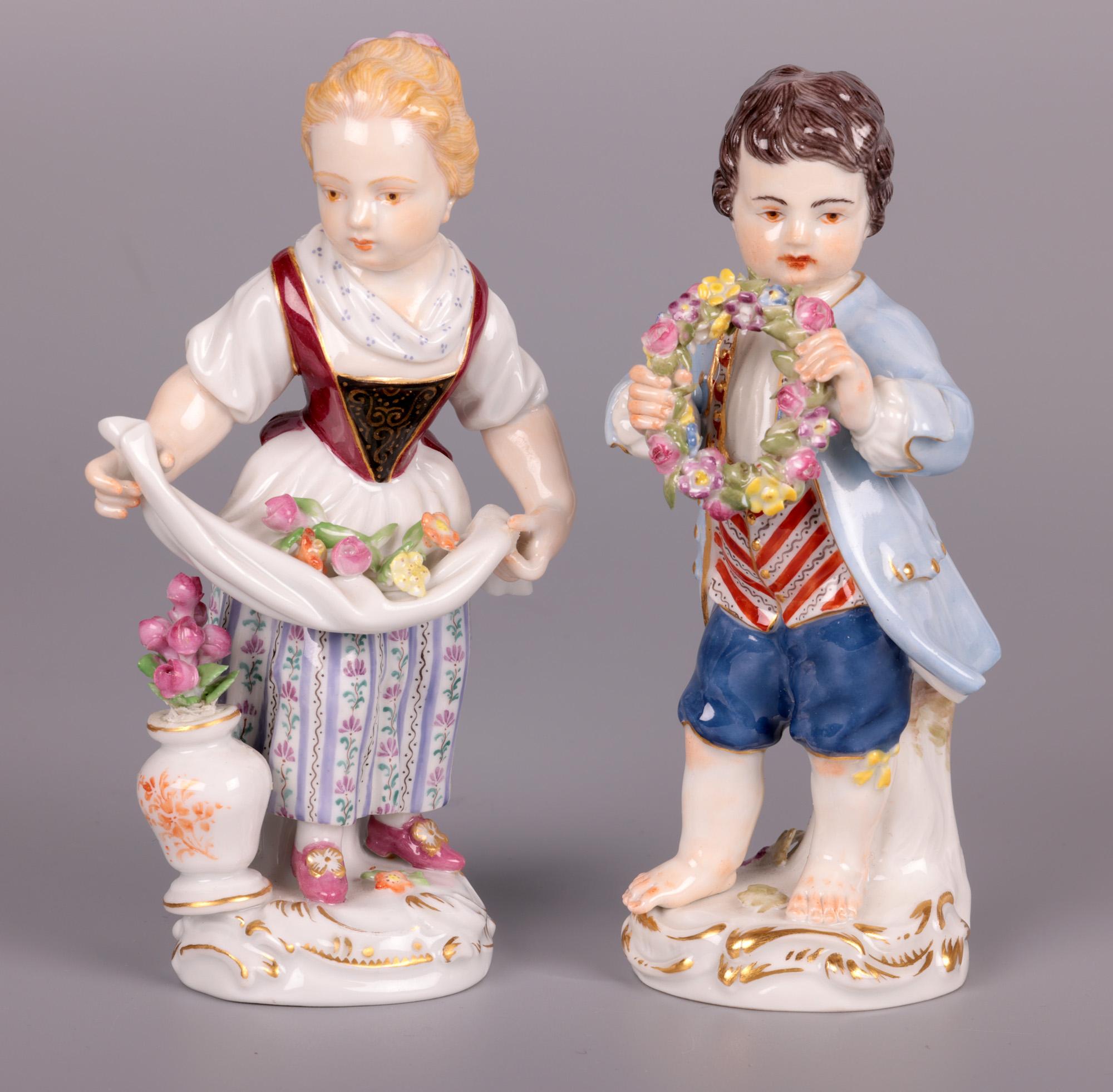Hand-Crafted Meissen Boy & Girl Porcelain Figures with Flowers For Sale