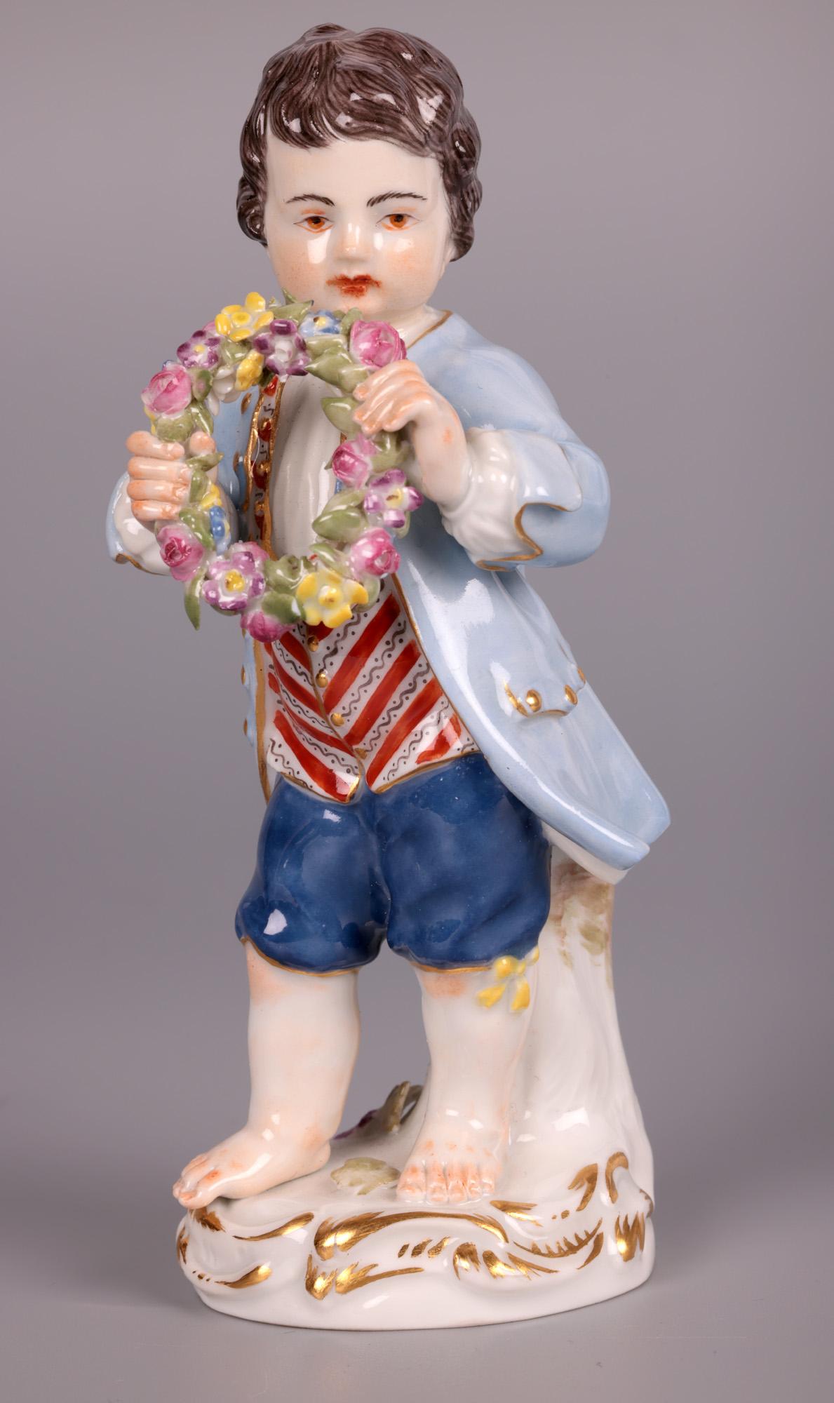 20th Century Meissen Boy & Girl Porcelain Figures with Flowers For Sale