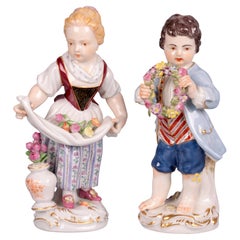 Antique Meissen Boy & Girl Porcelain Figures with Flowers