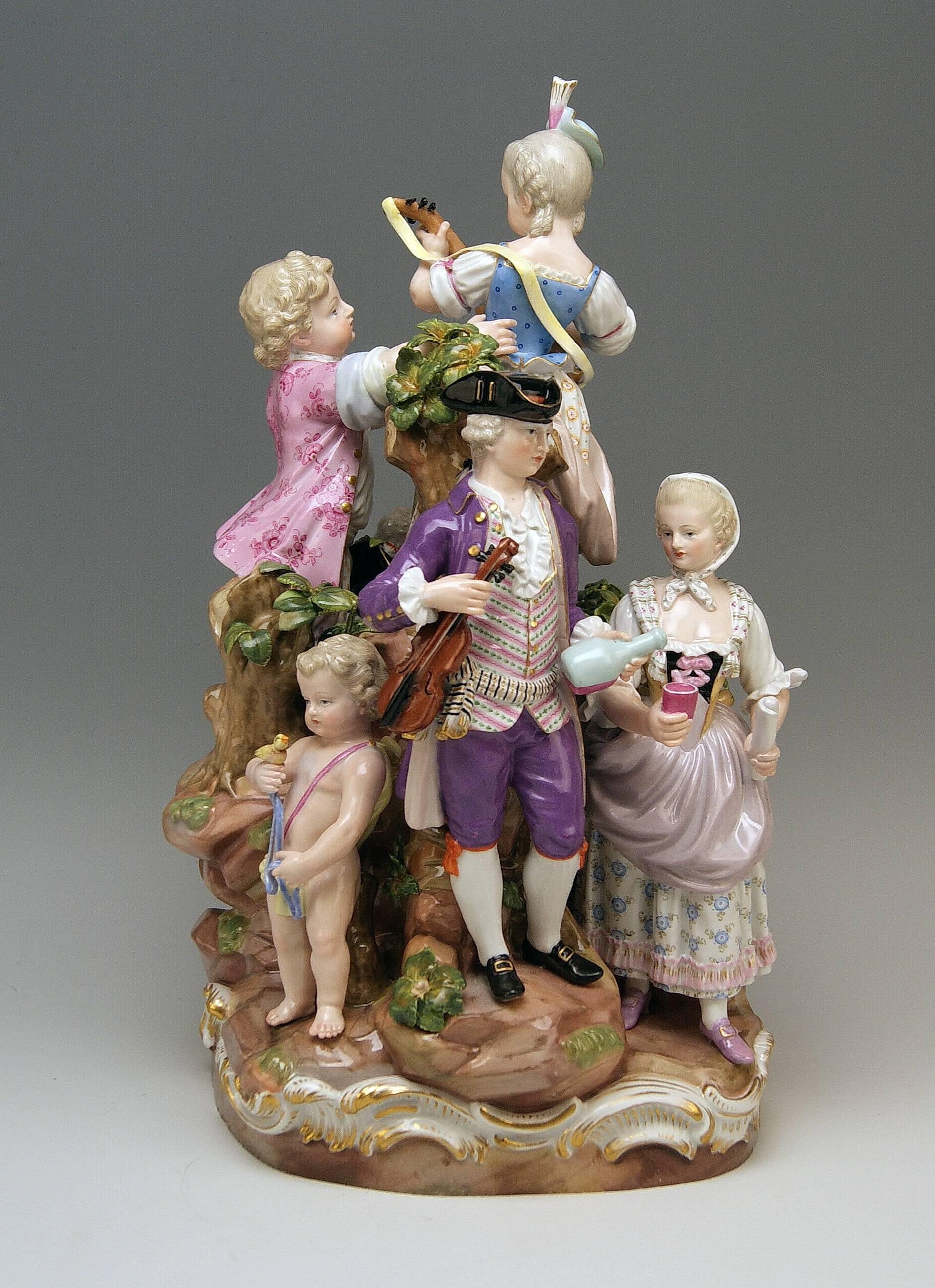 Rococo Meissen Bucolic Festival Figurines Cherubs Couple Musicians Acier, C 59, 1870 For Sale