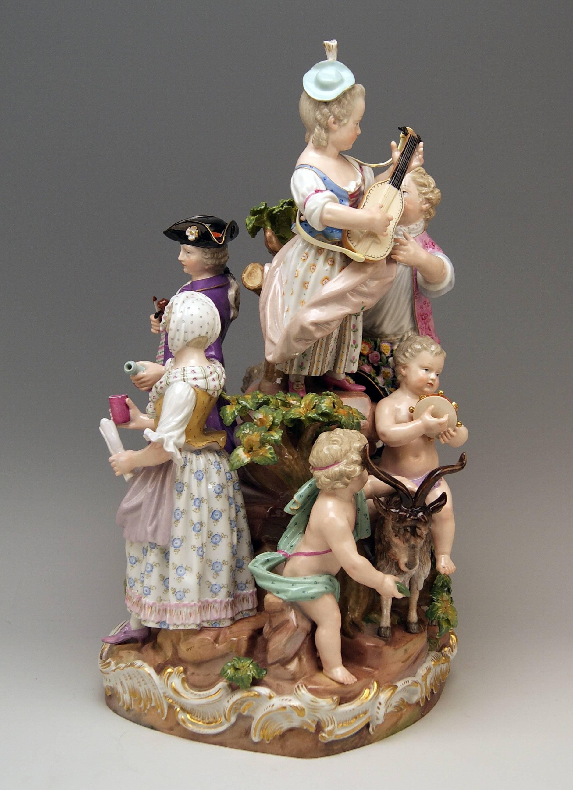 Painted Meissen Bucolic Festival Figurines Cherubs Couple Musicians Acier, C 59, 1870 For Sale