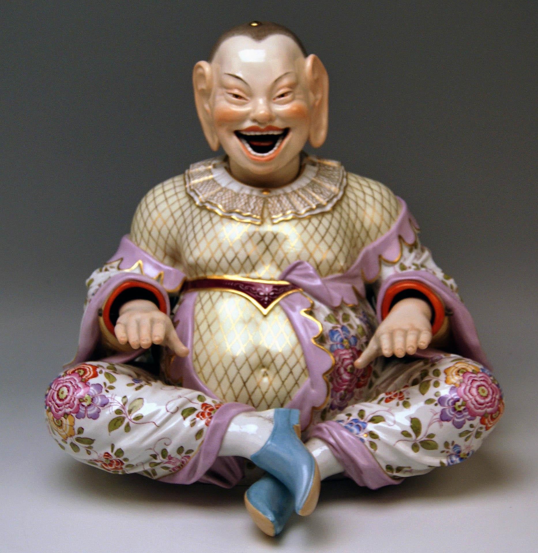 Meissen most remarkable items: Two Buddha figurines (male and female)
Attention: The Buddha figurines have movable hands, head and tongue.

Measures / Dimensions:
Height 12.59 inches / 32.0 cm 
Width 12.79 inches / 32.5 cm 
Depth 12.59 inches