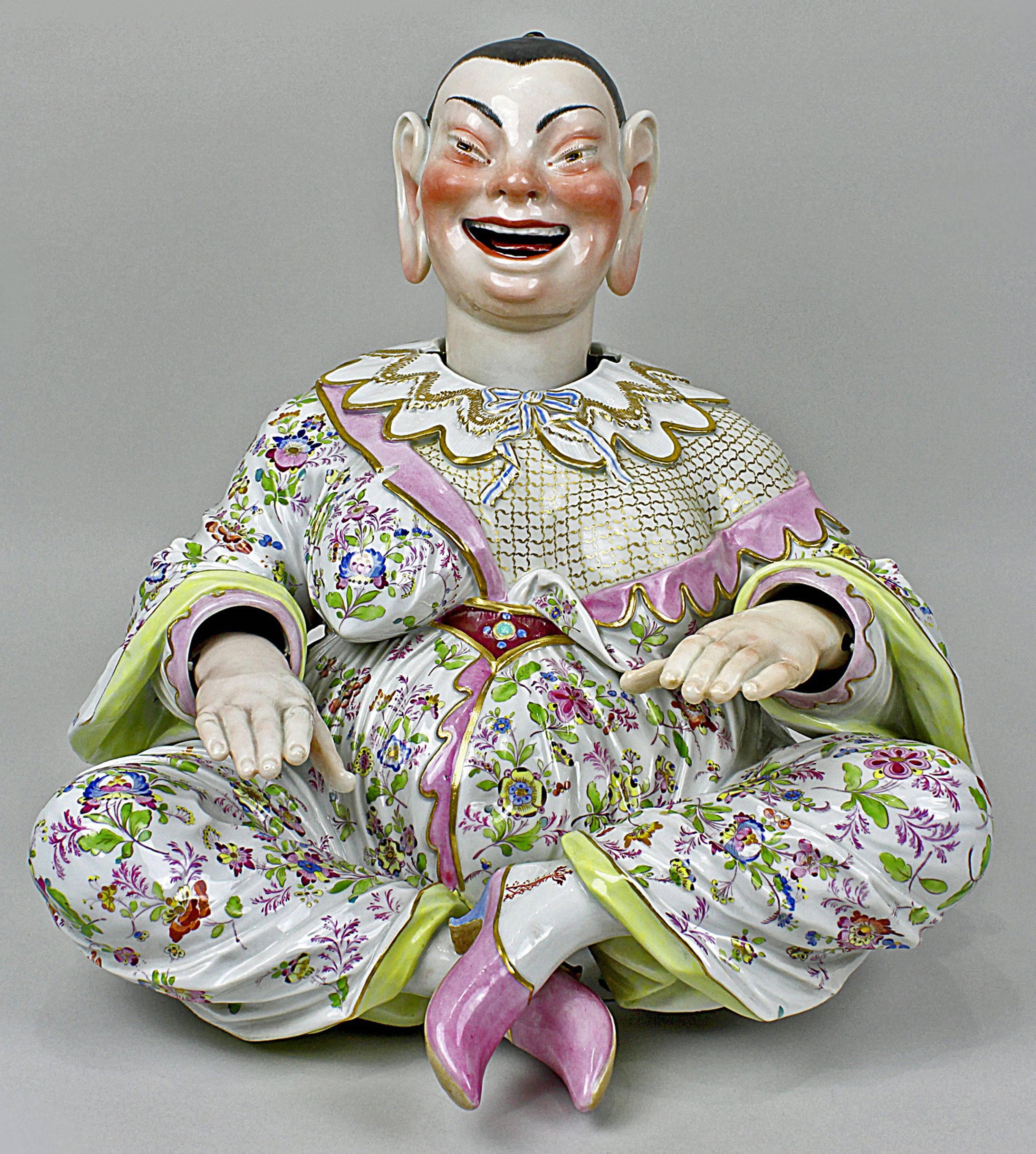 Meissen most remarkable items: Two Buddha figurines (male and female)
Attention: The Buddha figurines have movable hands, head and tongue.

Measures / Dimensions:
height: 12.59 inches / 32.0 cm 
width: 12.79 inches / 32.5 cm 
depth: 12.59