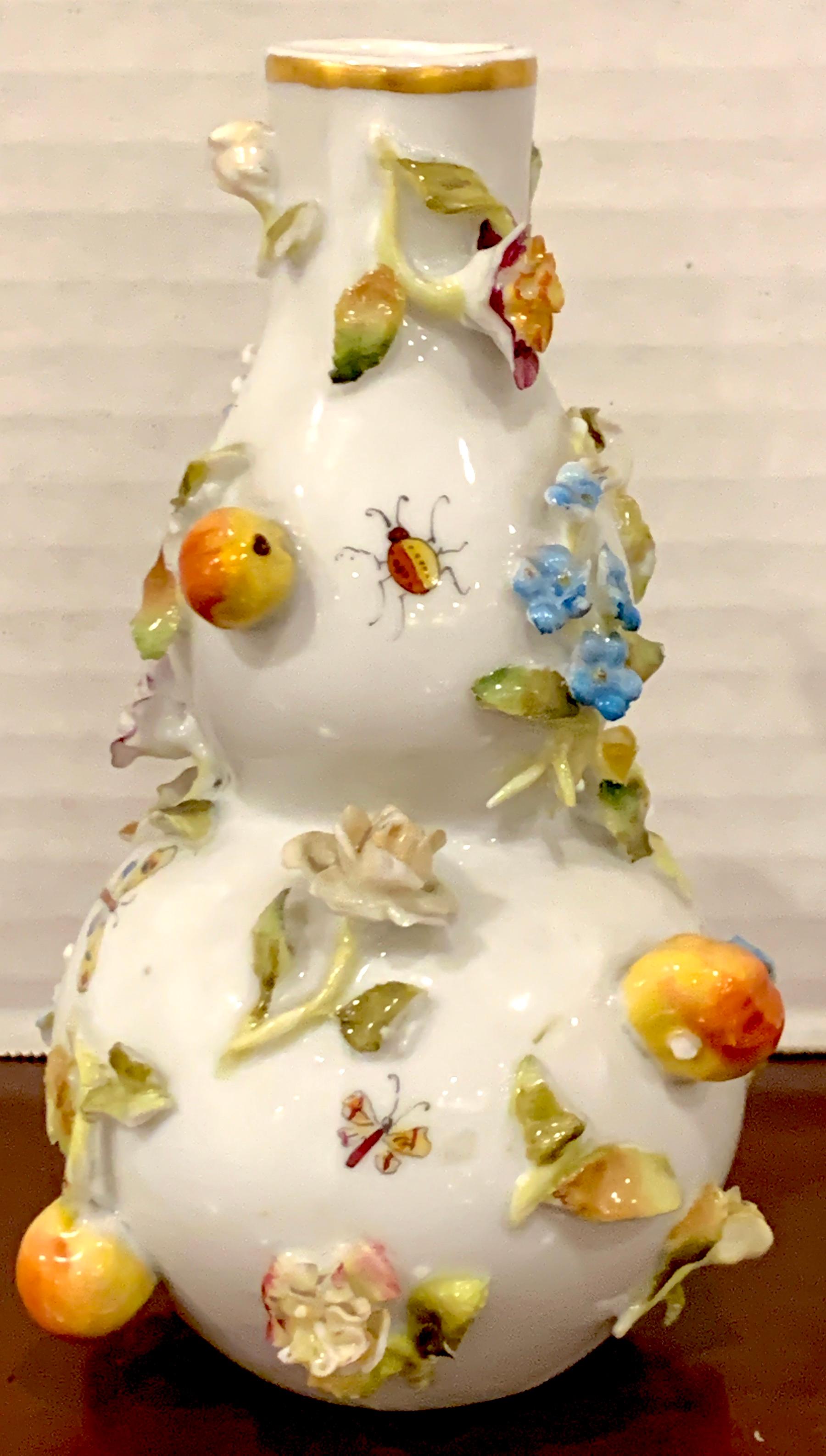 Hand-Painted Meissen Cabinet Vase with Applied Fruits and Flowers For Sale