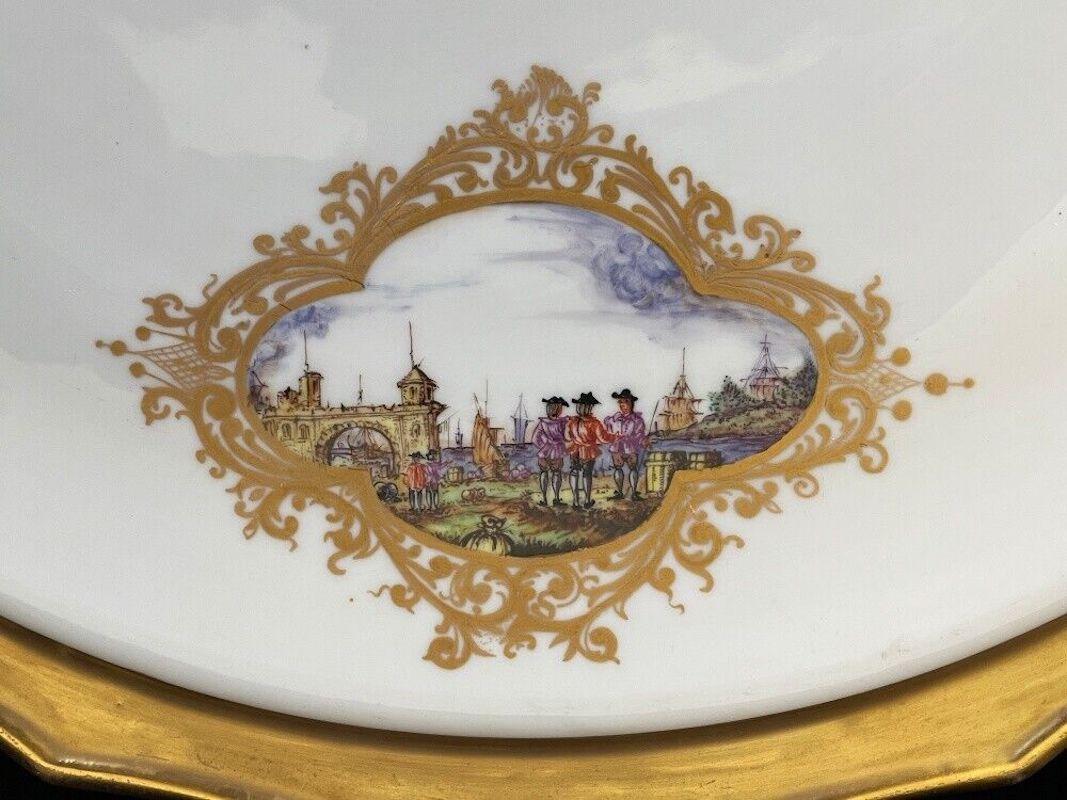 Hand-Painted Meissen Center Piece, Cake Plate from 1860 with Kauffahrtei Scenes For Sale