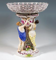 Meissen Centerpiece With Three Graces Supporting A Fruit Bowl, Kaendler c 1860