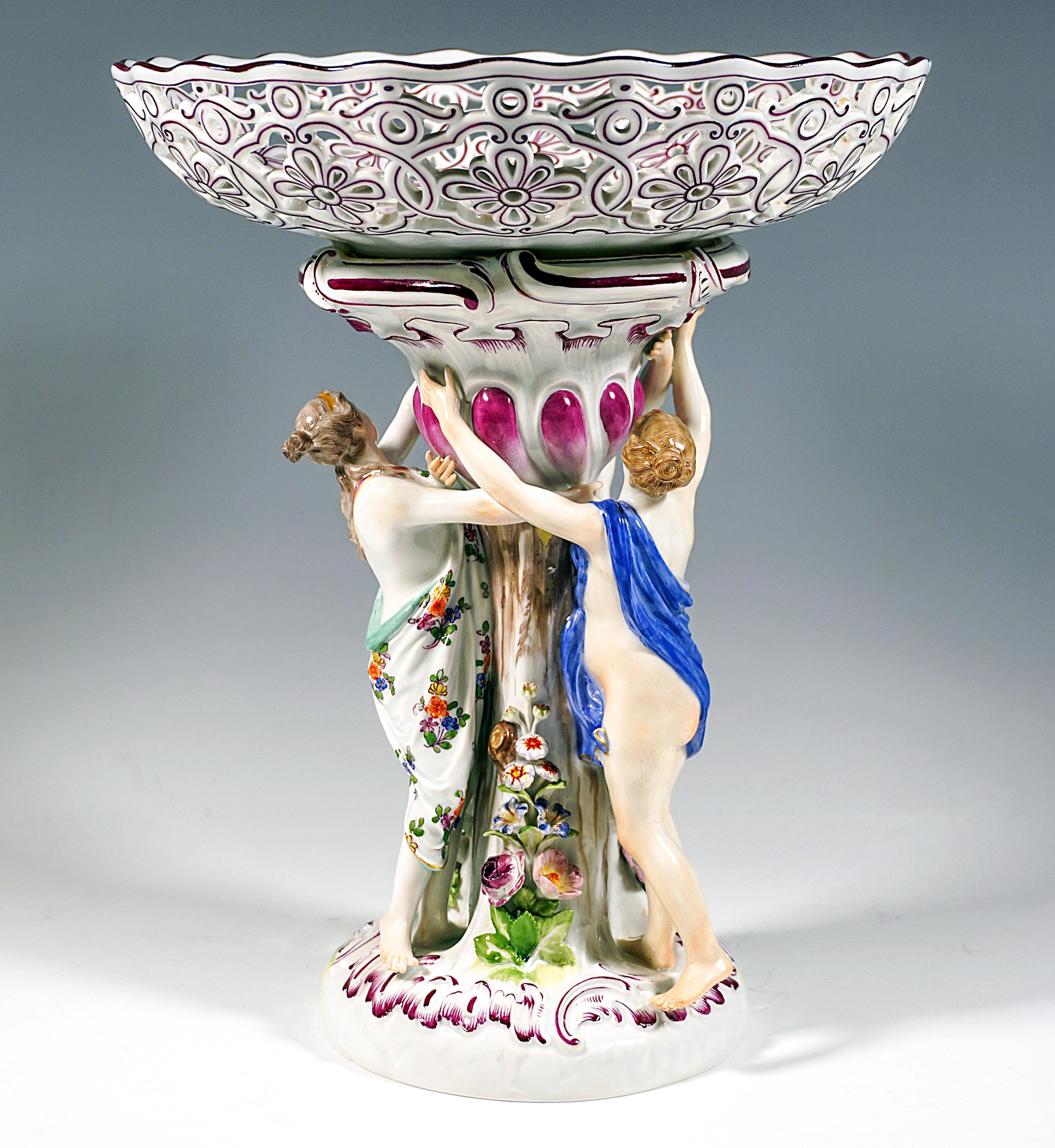 Rococo Meissen Centerpiece With Three Graces Supporting A Fruit Bowl, Kaendler c 1860